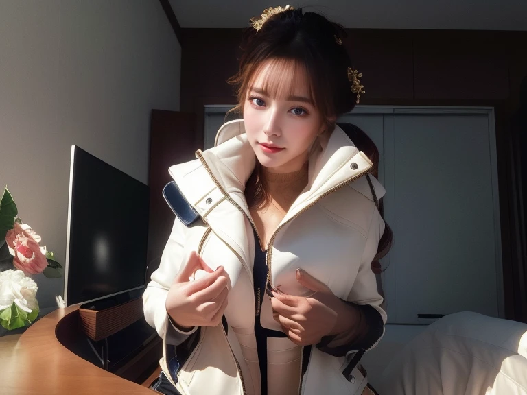 (best quality,4k,high resolution,masterpiece:1.2),ultra-detailed,realistic:1.37,a beautiful woman sitting at a desk, with her unique long hair cascading down her back. She is wearing a white fitted leather jacket, with a exposed white vest on top, highlighting her elegant figure. Her face radiates perfection, with her stunning detailed eyes and high nose bridge. She has fair, flawless skin. She holds her large breasts in her hands, sensual, beautiful, seductive, a masterpiece.