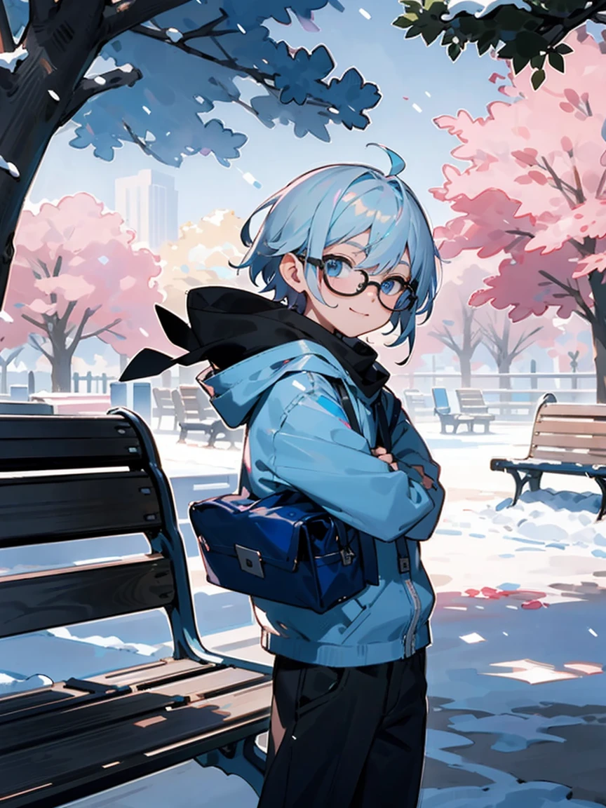 Male child, Black glasses,blue eyess,Cowboy Shots,A smile, silber hair，Daytime，Iridescent background，Park, waiting, Benches, Snow, Yuki, tree, Nature,
