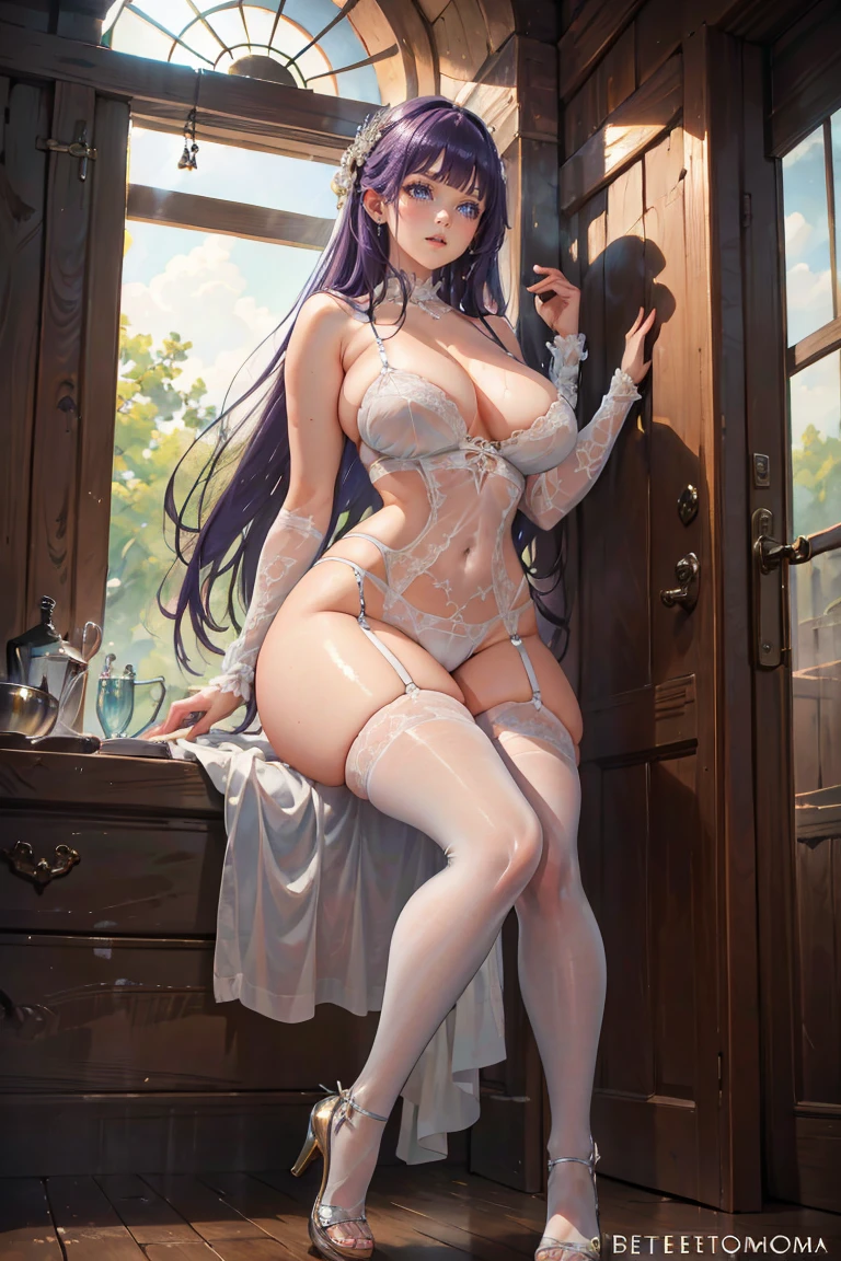 ((masterpiece, high resolution, better quality, better details)), a girl sitting on the bed, sexy lingerie, ((white lingerie)), thong, big neckline, garter belts, white stockings, platform high heels, white choker, purple hair, straight hair, long hair, lucky hair, straight bangs, purple eyes, ((curvy body)), seductive, full body, front view, modern room landscape,