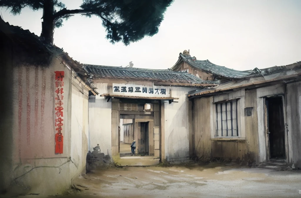 wes anderson,Warm up image colors,Almost realistic animation style,Add an image of a character in Anti-Japanese War attire that is proportional to the door.