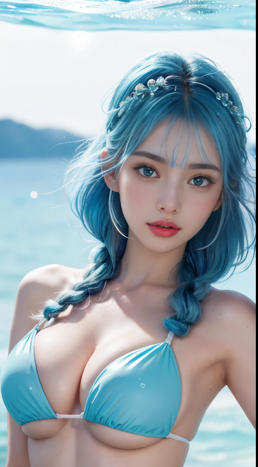 8k,Gorgeous 24 year old girl in bikini, Blue hair, (Jessica Clements), jellyfish, airbubble, translucent dome, light retracting ball, axiomatic, Bioluminescent marine plants in the dark ocean depths, Psychedelic, Lively nipples, Big blue eyes, white colors、in pink、white colors、blue two color hair, sharp bob hairstyle, pigtails, glittery, freckle, face flushed, Large breasts, holding a bubble, skin texture, (ultra-realistic realism, gentlesoftlighting, Sharp), (Close-up Shot Shot) artsy photography