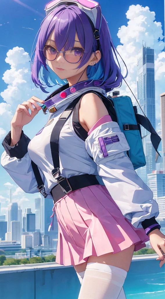 masterpiece, Best Quality,CFCs, 1girl in, explosions, Only_shoulders, Skirt, breasts, gloves, Jewelry, Large_breasts, tall_hair, tall_sleeves, pantyhose, Purple_Eyes, Purple_hair, Shirt, 独奏,viewer,Sunglasses,bikini of, (Sun, cloud,About Renaissance City Water,Outdoors :1.1),served in blender((isometric)),Anime Girl、cute little、2D beautiful girl, Wearing an astronaut suit, Neon blue hair, And pink color, wounds, a sticker, Neon style throughout the shot, Cool pose、detaileds、high-level image quality、Delicate painting、valedictorian、masutepiece