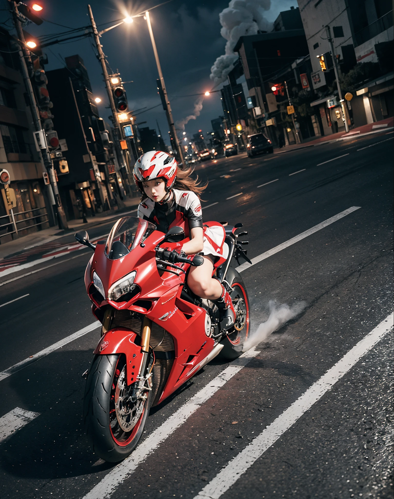 hight resolution、high-level image quality、in 8K、Real live-action、Raw photography、top-quality、​masterpiece、masutepiece、(Soft Saturation:1)、(depth of fields:1.2)、(Ray traching:1.2)、Blue glow、Shot diagonally from above、Sense of speed、((during night)), city night scene、The background is a beautiful neon cyberpunk Tokyo、city night scene、Neon light、Dynamic Poses、Dynamic camera angles、heavy wind、Big red motorcycle speeding through the city at night、((Run leaving a trail of light:1.2))、Young woman in red dress sitting on a big red motorcycle, Beautiful face、kawaii faces、(Red dress:1.2)、(Red short skirt:1.3)、white knee highs、(Red boots:1.2、Draw the toes:1.2)、perfect hand、perfect foot、perfect ankles、Perfect toes、Perfect toes、Perfect Heel:1.3、((Grasp the controller with both hands:1.2))、Slouched、put one&#39;Upper body, Lower body:1.2、Sitting on the Ducati Panigale V4,Riding the Ducati Panigale V4, Sci-fi style bikes, Sci-fi style bikes, Ducati Panigale V4 Motorcycle Rider, How to ride the Ducati Panigale V4, (Draw left and right rearview mirrors:1.3)、(headlights shine blue:1.2)、picture of a female biker, motorbike,Motorcycle displacement: Ducati Panigale V4 Details、motion-blur、(white smoke from tires:1.1)、