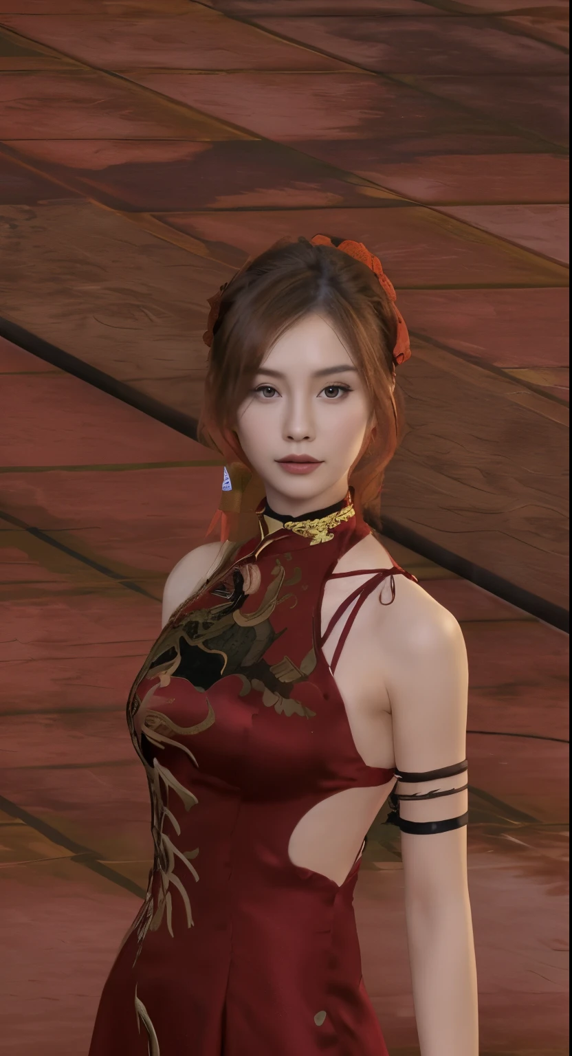 Pretty women take e selfie with red chinesse dress