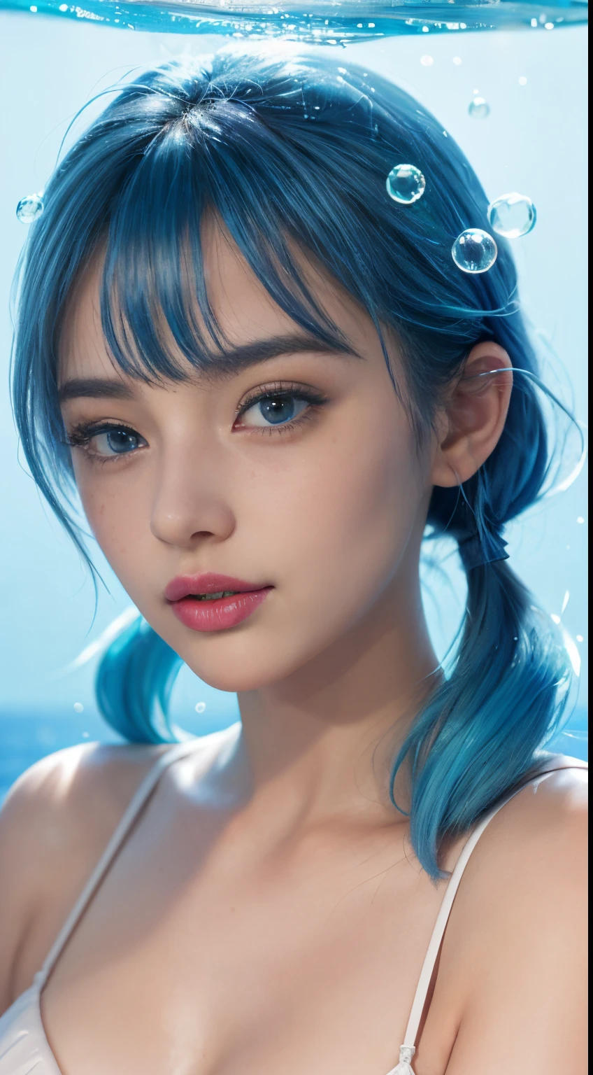 8k,Gorgeous 24 year old girl in bikini, Blue hair, (Jessica Clements), jellyfish, airbubble, translucent dome, light retracting ball, axiomatic, Bioluminescent marine plants in the dark ocean depths, Psychedelic, Lively nipples, Big blue eyes, white colors、in pink、white colors、blue two color hair, sharp bob hairstyle, pigtails, glittery, freckle, face flushed, Large breasts, holding a bubble, skin texture, (ultra-realistic realism, gentlesoftlighting, Sharp), (Close-up Shot Shot) artsy photography