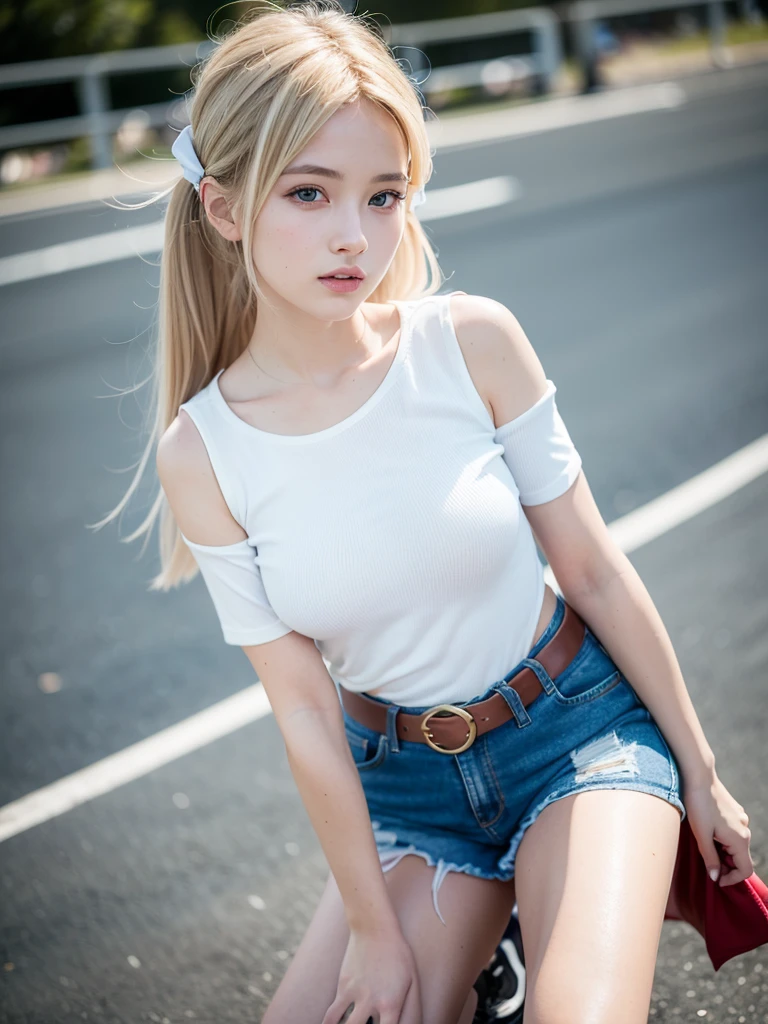 (masterpiece、best quality、extremely detailed 8k、ultra hd、ultra-detailed、highly detailed、highly realistic、photo realistic)、(beautiful realistic face、detailed realistic face)、
1 girl blonde、
Shy look、long bangs between the eyes,、Super long bright blonde straight hair、twintails、red bows、red bows in hair、Glowing big bright light blue eyes、18yo student、blonde、Beautiful white shiny skin、shirt、
short_sleeves、bare_shoulders、 blue jeans shorts、belt red、thighhighs、
striped、striped_pantyhose、One foot extended towards the viewer.、
no_shoes、whole body