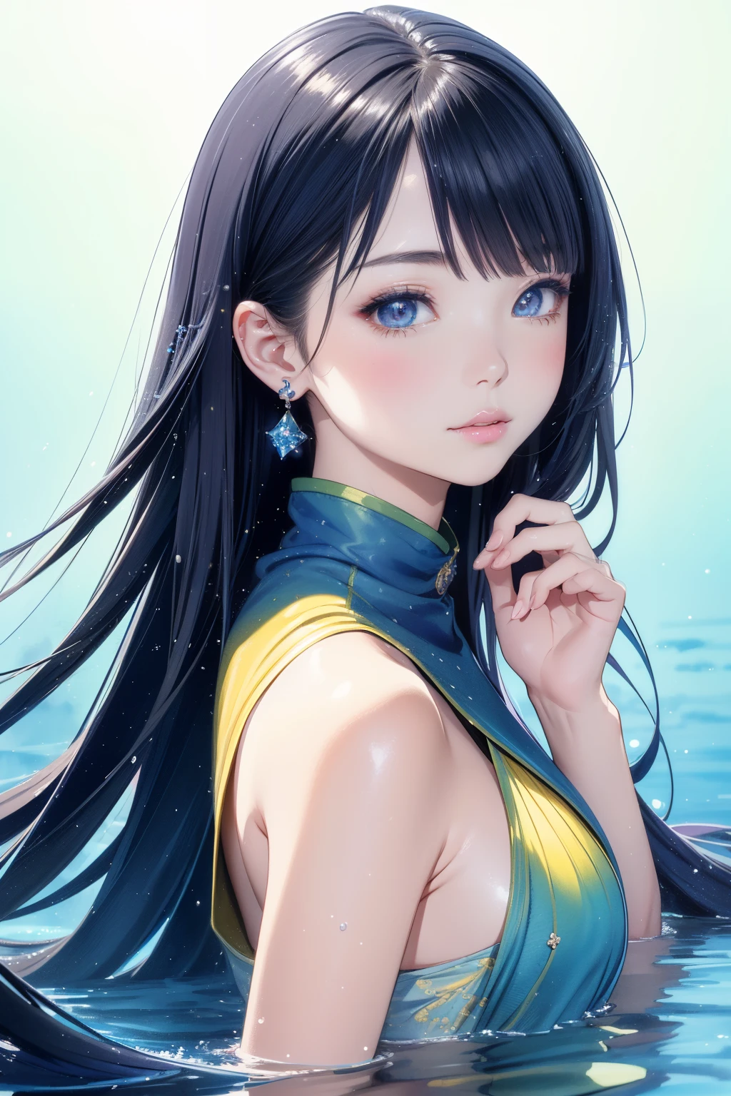 Anime ,Realistic ,sketch , 1girl in, beautiful expression、Lustrous lips, turtle necked sweater,order, blue and yellow gradient background, Neon Hair,textured crop , (masutepiece,Best Quality,rainbow)、ink and watercolor painting、Ultra Miniature Paintings、(Nebula background:1.3)、dynamicposes、girl swimming in the deep sea、(Colorful cloth can be seen through:1)、(portlate:1.1)、A smile、Clean face、Traditional Chinese Art Style、(beautiful detailed water)、((extremely delicate and beautiful girl))、Dynamic angles、(beatiful detailed eyes)、(Detailed light)、radiant eyes、