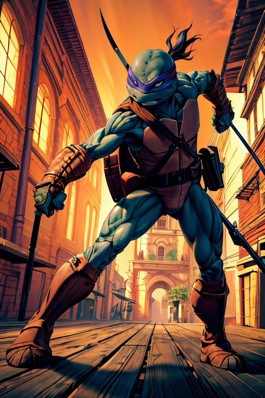 (Best quality,4K,8K,A high resolution,tmasterpiece:1.2),ultra - detailed,actual:1.37,dark colour,CG artwork,1 Teenage Mutant Ninja Turtles，handheldweapons，dynamicposes，
