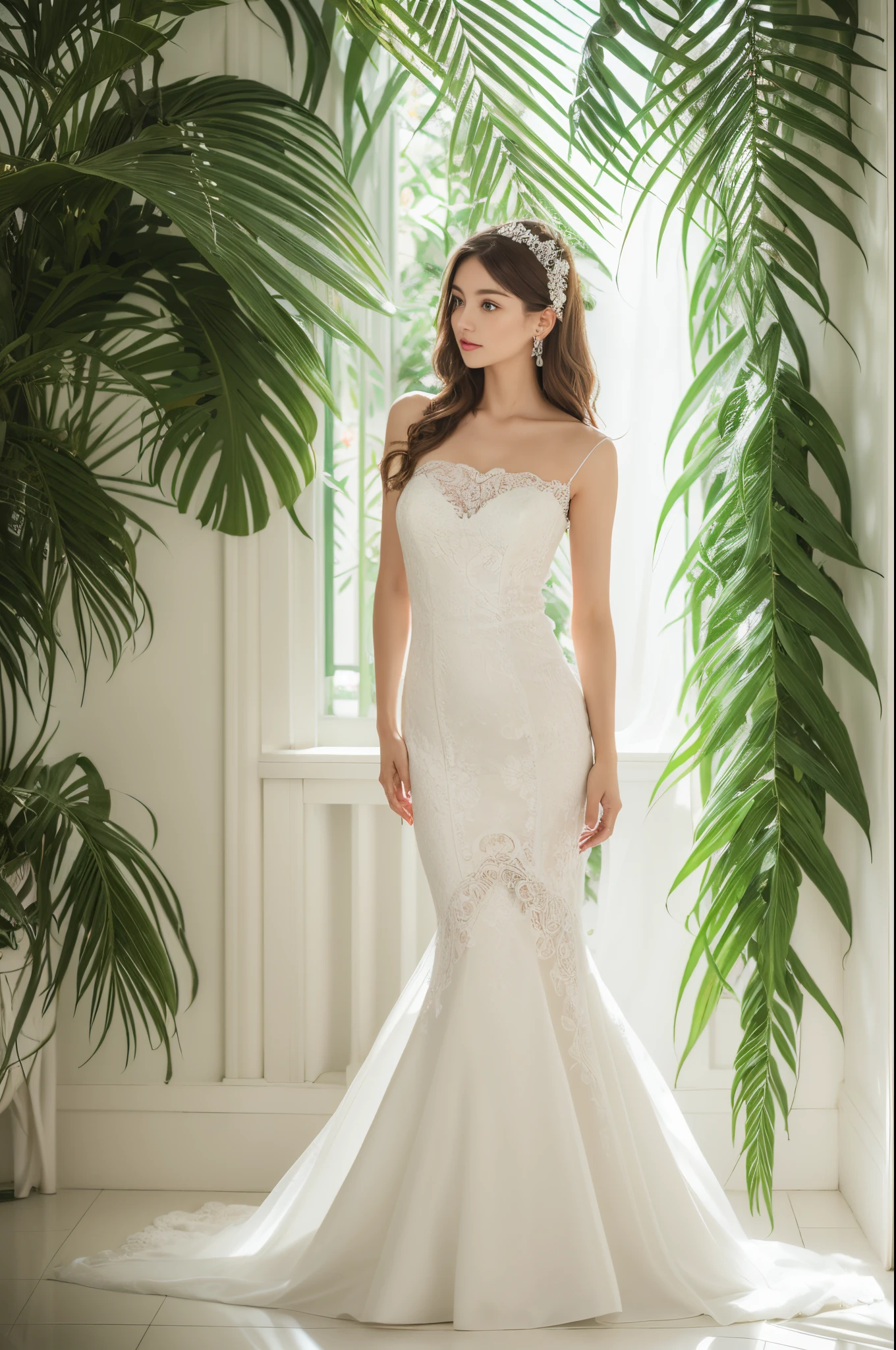 Top quality, Masterpiece, hyper HD, (Photorealistic: 1.4), RAW photo, 1girl,Fashion model,Wearing a white mermaid wedding dress, sweetheart style, Lace material, long tail, full body, in white room with indoor decorative palm tree,Stand upright and look straight.