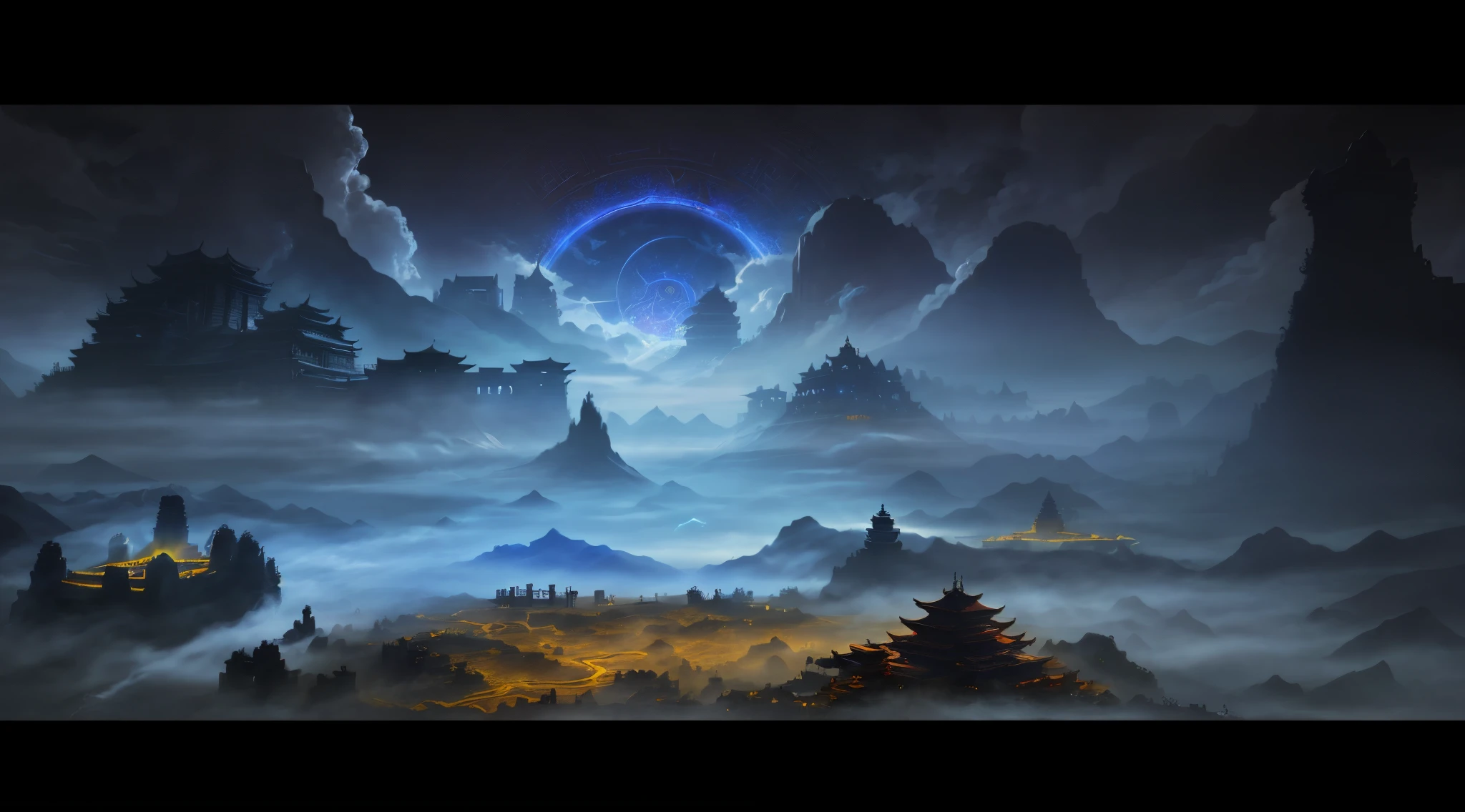 There is a very grand scene picture,Altar of Oriental Mysteries,Composed of ancient buildings and mist-shrouded fairyland,Game Aesthetics and Art,highest quality,Epic composition,There is a sky background,Stunning mystery background, Game background,Touhou game art。