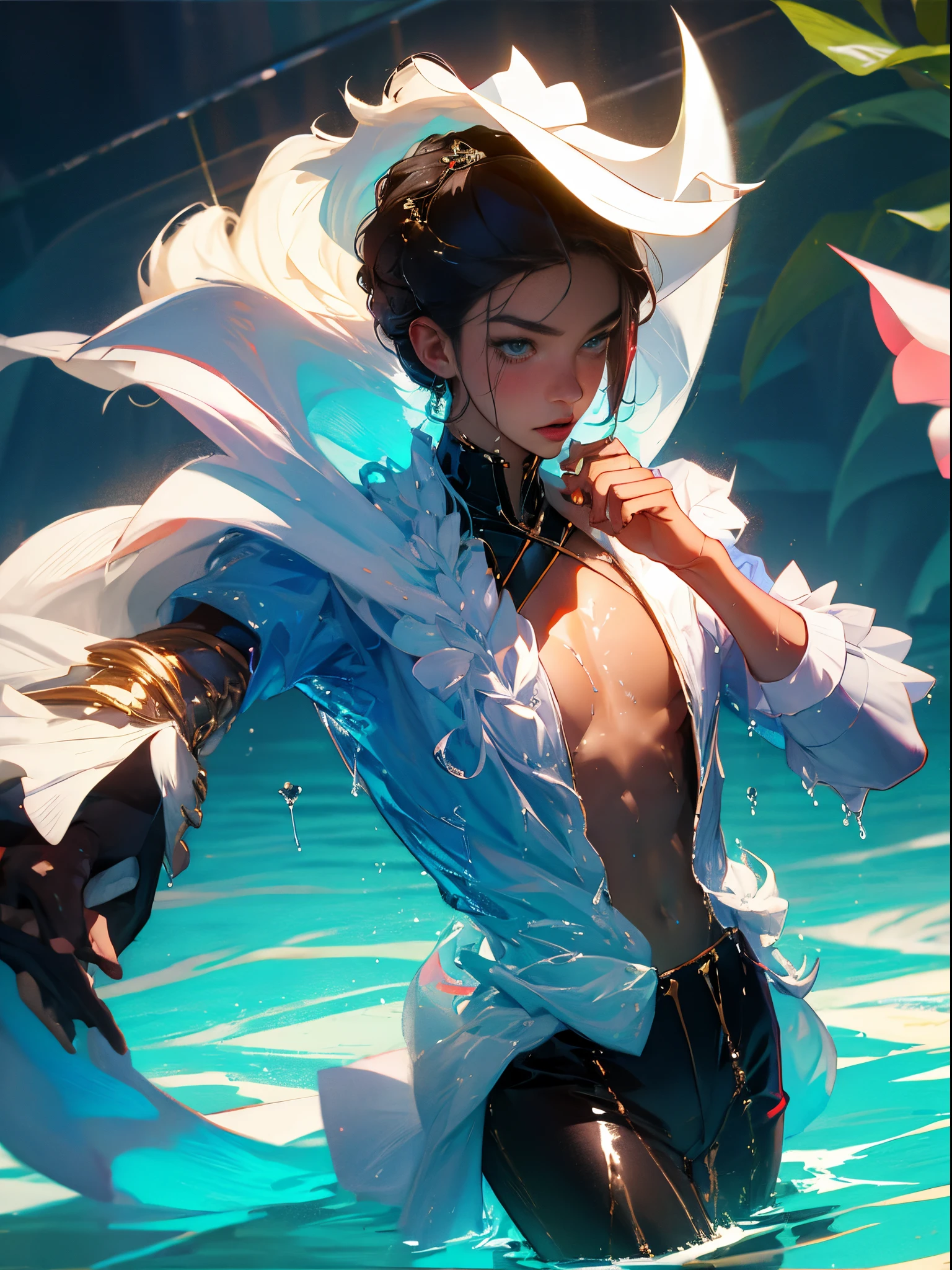 1 male, (male model) hot skin, masterpiece, best qualities, most handsome man in the world, by Shen Quan, perfect body, beautiful male model, attractive male lead 18- 24 years old aesthetic, summer atmosphere, white sandy beach, summer, sea water, coconut tree, coconut, blue sky, handsome young man wearing a transparent school shirt, transparent white cloth, bare shoulders exposed pectoral muscles, thighs exposed, ((white transparent briefs exposed)), (male focus), (smooth body)), smile, super cute, dynamic pose, cool and charming, light dramatic light, full body shot, full body shot, young face, full body, hairless body, tall skinny, fit body, striking , white or white skin , young face, white hair, body shape firm, hd, natural skin tone, soft light, highly detailed, looking at audience, photography, detailed skin, real people, realistic, realistic optics, crazy detail, face detail , exaggeration maximization, exaggerated surrealism, film, telephoto, intricate light detail, high detail, high detail, digital painting, artstation, concept art, smooth focus , sharp, illustrated, Unreal Engine 5, 8K, art by Ross Tran and Greg Rutkowski and Alphonse Mucha, UHD, 8k, Men's only display .8k Ultra HD, DSLR, low light, high quality , film grain, Fujifilm XT3, male fan, 2-person model, two people, White hair, boy, body, 8 packs.