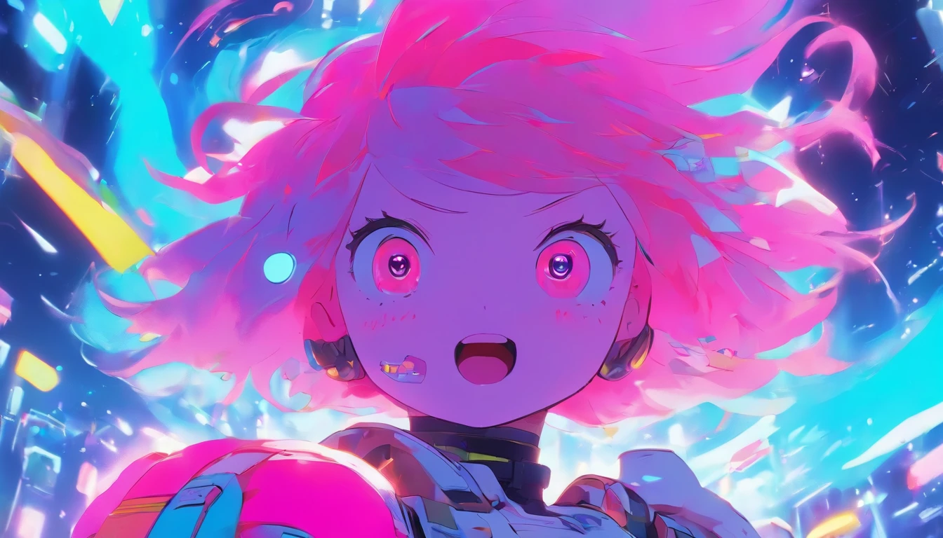 Glitchcore Book Page, colorful illustration、Anime Girl、cute little、2D beautiful girl, Wearing an astronaut suit, Neon blue hair, And pink color, wounds, a sticker, Neon style throughout the shot, Cool pose、detaileds、high-level image quality、Delicate painting、valedictorian、Masterpiece