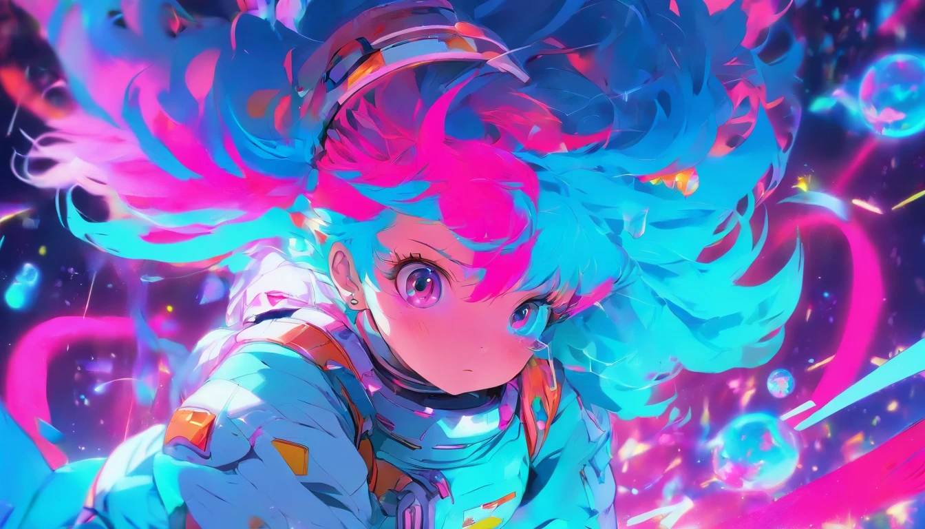Glitchcore Book Page, colorful illustration、Anime Girl、cute little、2D beautiful girl, Wearing an astronaut suit, Neon blue hair, And pink color, wounds, a sticker, Neon style throughout the shot, Cool pose、detaileds、high-level image quality、Delicate painting、valedictorian、Masterpiece