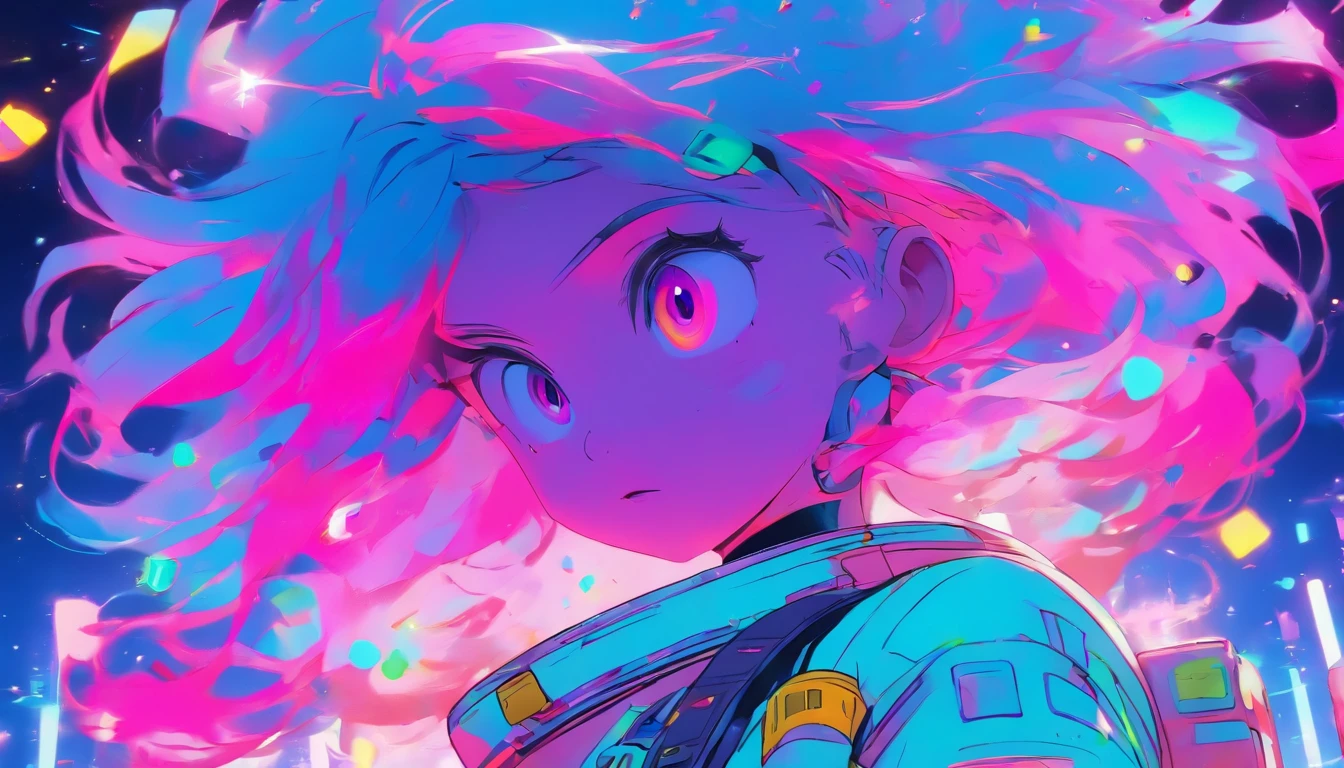 Glitchcore Book Page, colorful illustration、Anime Girl、cute little、2D beautiful girl, Wearing an astronaut suit, Neon blue hair, And pink color, wounds, a sticker, Neon style throughout the shot, Cool pose、detaileds、high-level image quality、Delicate painting、valedictorian、Masterpiece