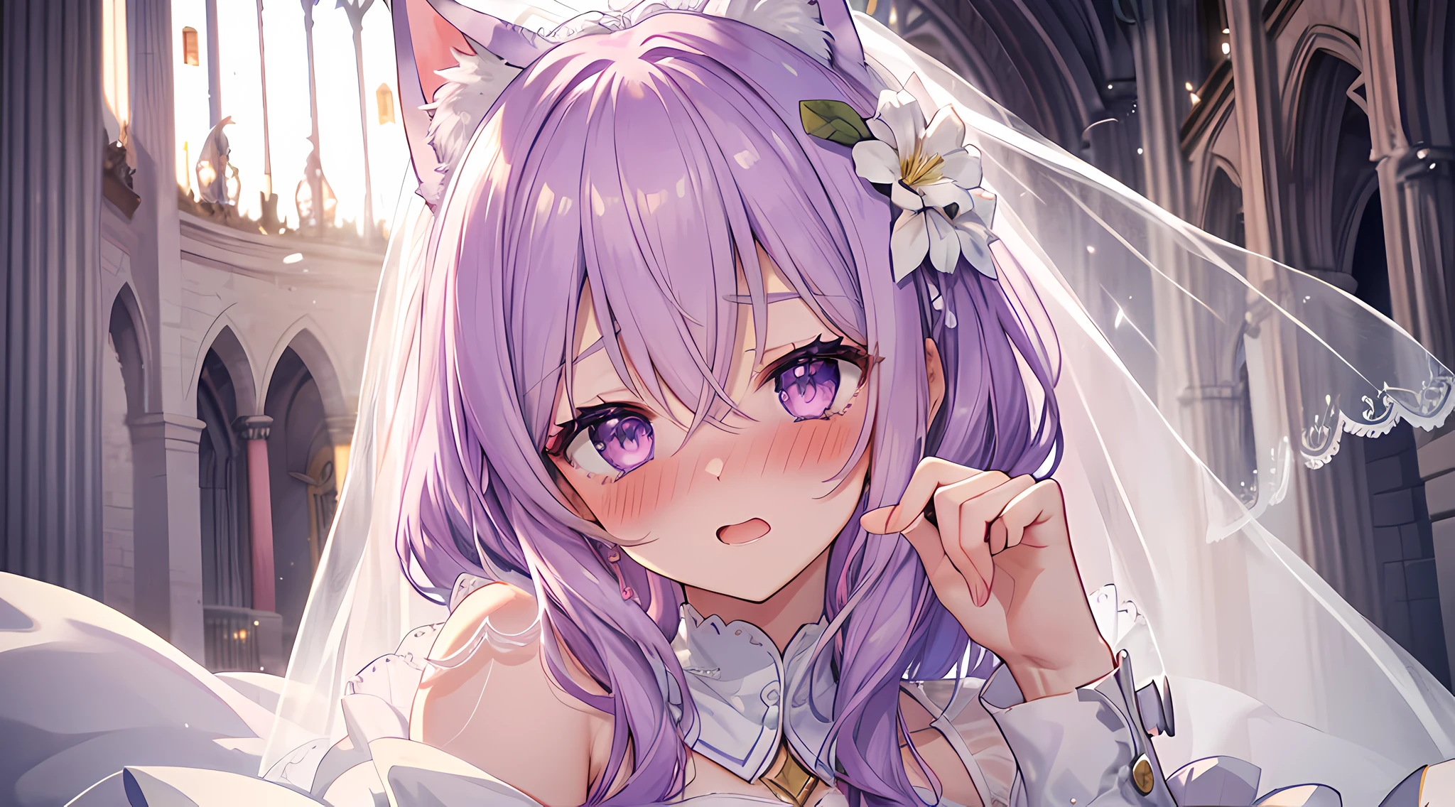 masterpieces, 8k, ultra HD, prim, wedding dress, elegant pose, hand, cat eared girl, white veil, purple hair, glare, (blushing: 1.5), open mouth, licking finger, heart eyes, church