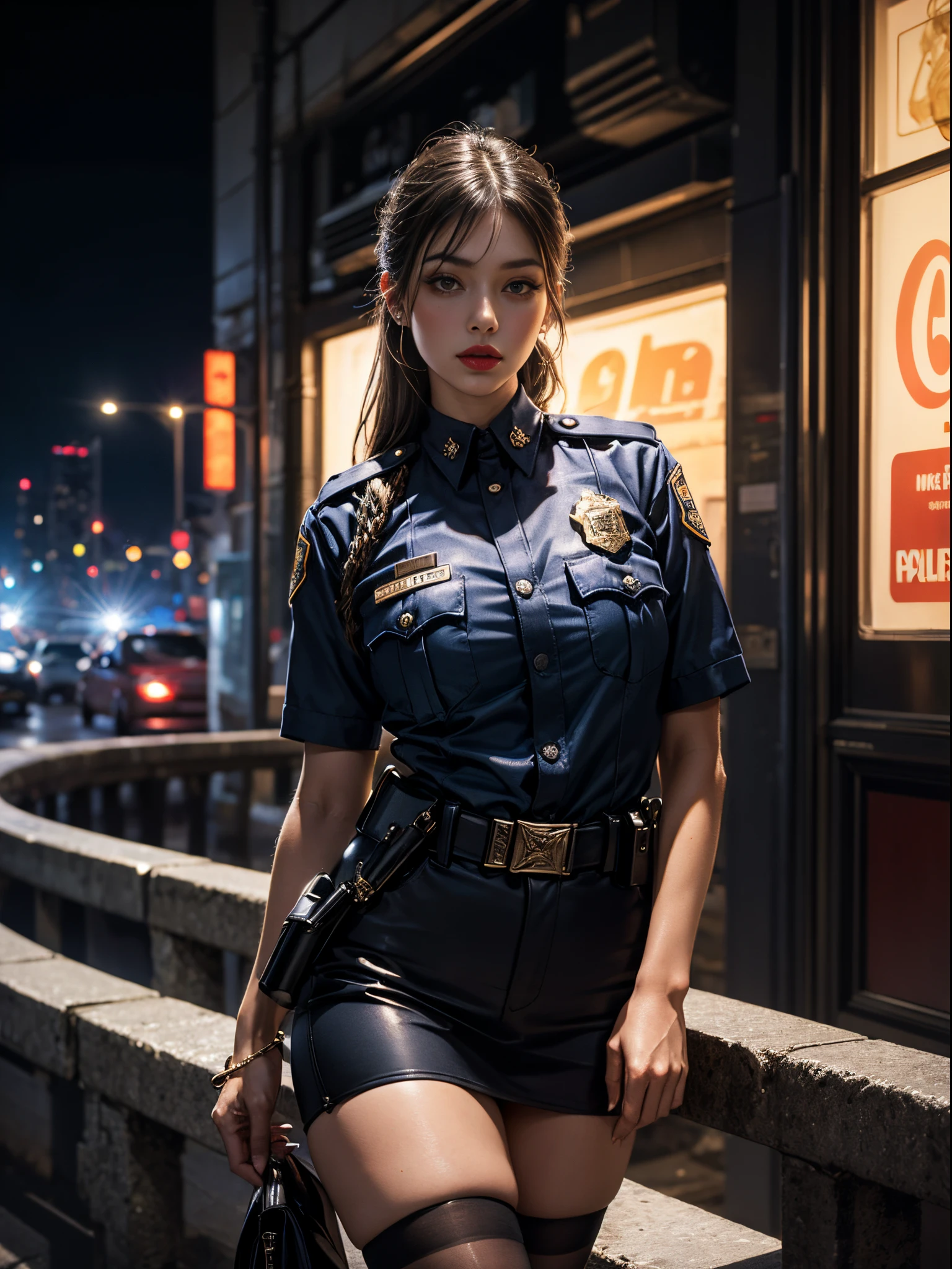 Solo, (Police Uniform, Policewoman), Stockings, City Lights, (Looking at the audience: 1.3), Lips Apart, Red Lips, Shiny Skin, Skin Dents, Best Quality, Ultra High Resolution, (Realism: 1.4)