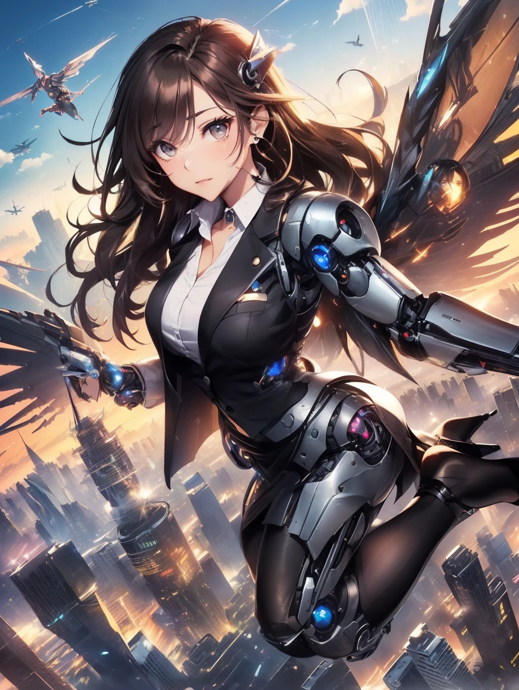 Best Quality, masutepiece, beautiful mature women、Beautiful face、Strong-minded woman、(((Cyborg woman flying in the sky:1.5)))、(Black Blazer、White cutter shirt、black mid skirt、with slit、Black tights、high-heels:1.5)、(brown haired、Bangs are asymmetrical)、(Brown-eyed)、Longhaire、Undersized eyes、(city scenery)、BREAK((flying though the air、large metal wings、Overlooking the city from the air:1.5))、(((large metal wings:1.5)))