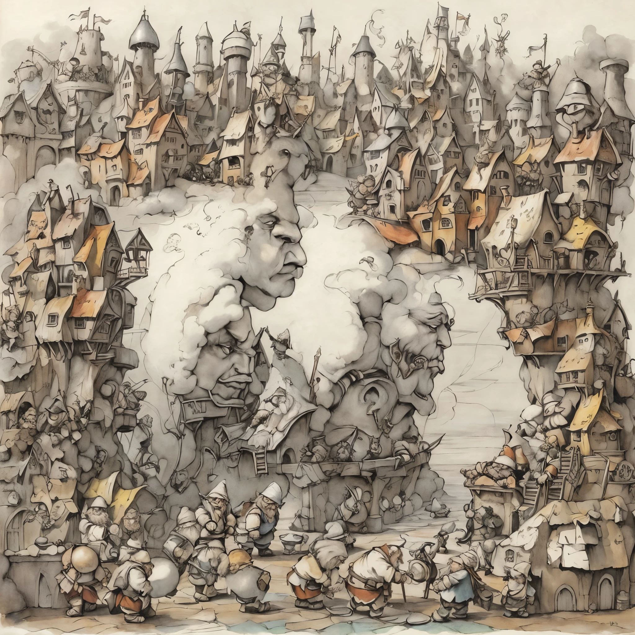 there is a drawing of a city with smoke coming out of it,  Steampunk City, a steampunk city, Cityscape drawn on waste paper、(sepia)、(Faded)、Pale tones、Paleography,Hazy picture、Ivory color background