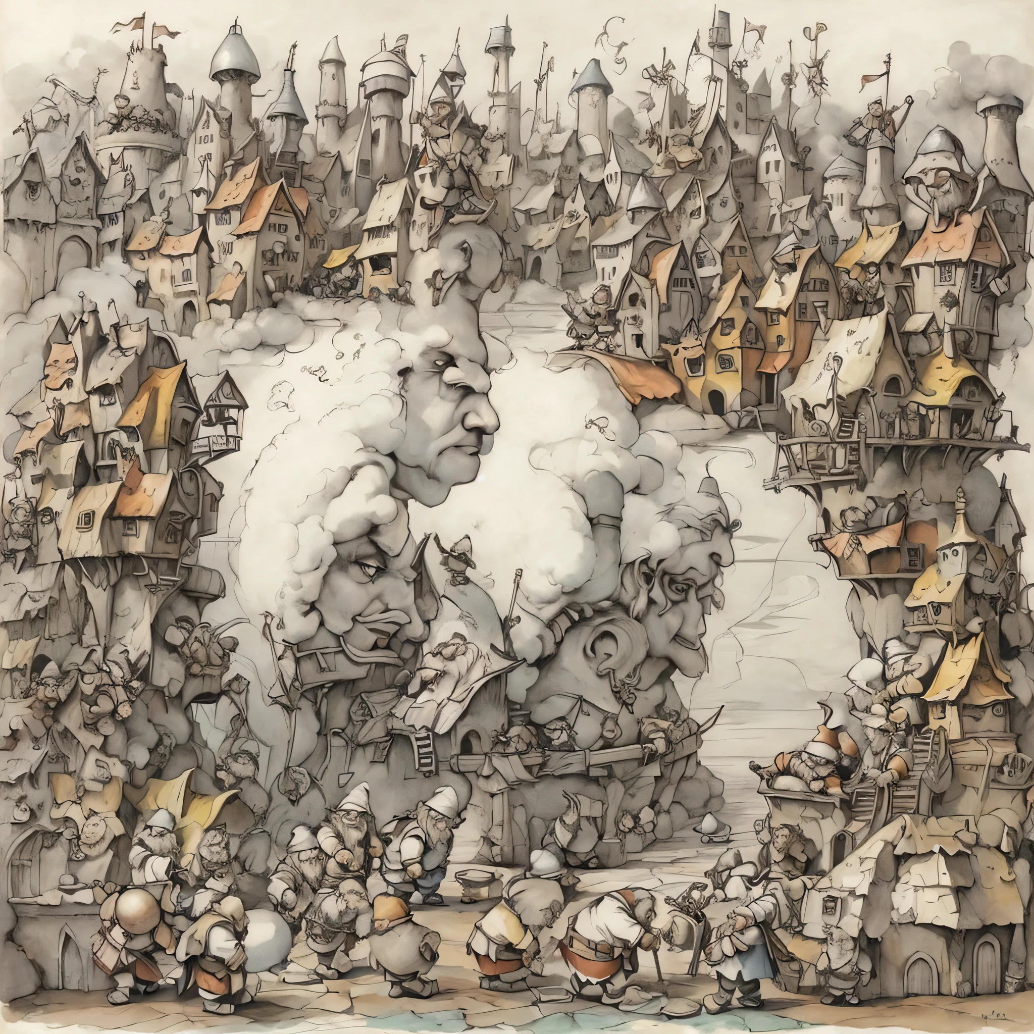 person standing in front of the castle々Group paintings of, inspired by Tony DiTerlizzi, Tony diterlizzi, boris valejo. octopath traveler, orc village, Inspired by Anton Piek, by Kim Hwan-gi, Written by Miklós Barabas, inspired by Hendrick Avercamp, Lihard Jakopic