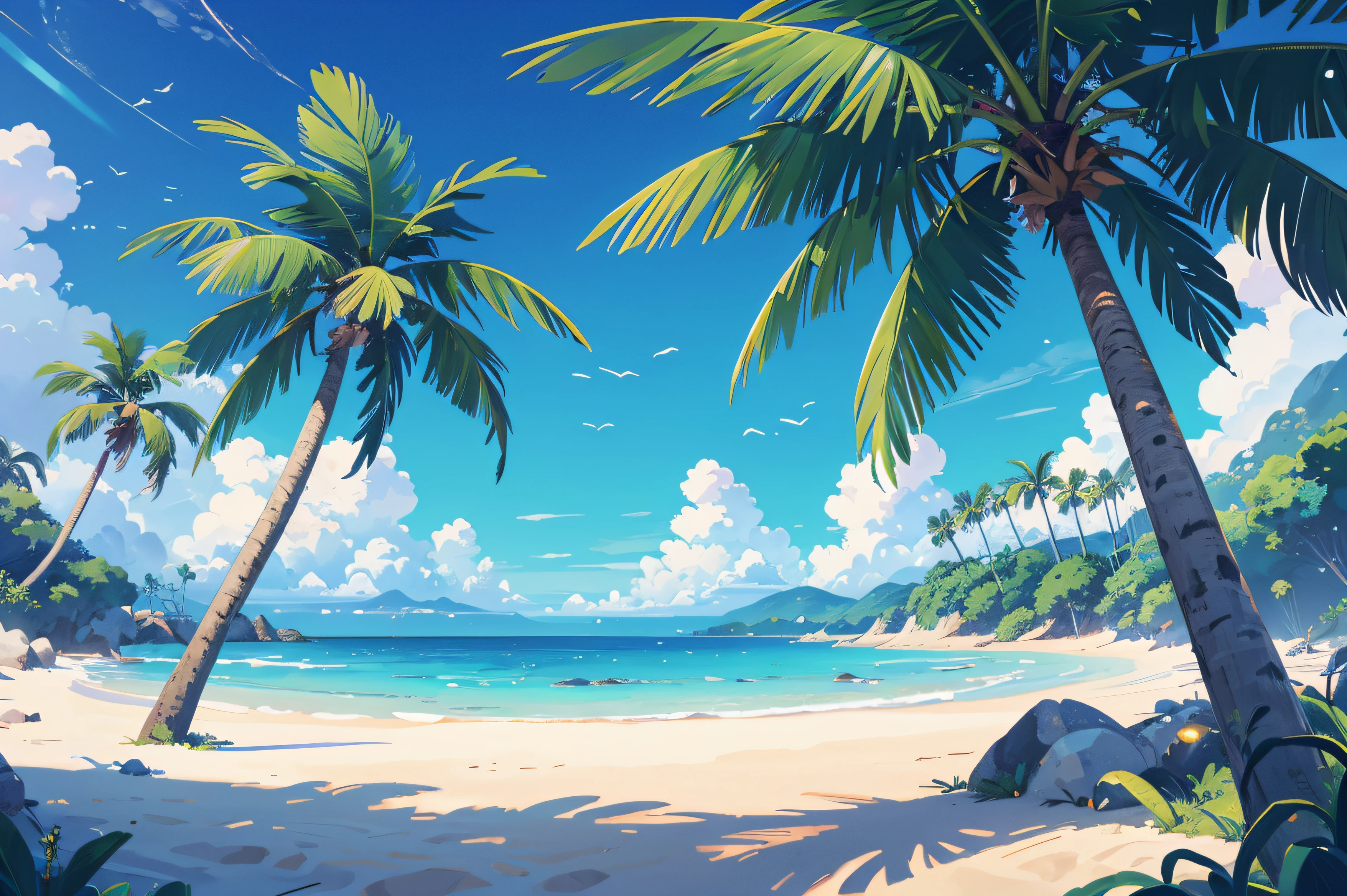 (illustrations : 1.0), Epic composition, photorealistic lighting, HD detail, ​masterpiece, Best quality at best, (Highly detailed CG integrated 8k wallpaper) , blue sky, blue ocean, The sea seen from the coastal forest, palm tree in the middle of the screen