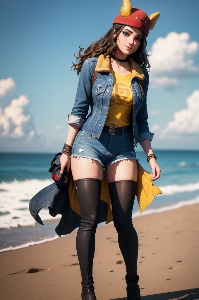 (8k, best quality, masterpiece:1.2), (realistic, photo-realistic:1.37), ultra-detailed, 1 girl,cute, solo, ,beautiful detailed blue eyes, medium wavy hair, standing on a beach, , smiling, looking at viewer, ,light brown hair, black lips, black lipstick, full body view, , whole body shot, red hat, , , nsfw, choker, yellow shirt, denim jacket, black thigh high boots