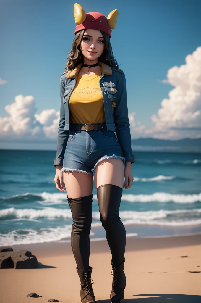 (8k, best quality, masterpiece:1.2), (realistic, photo-realistic:1.37), ultra-detailed, 1 girl,cute, solo, ,beautiful detailed blue eyes, medium wavy hair, standing on a beach, , smiling, looking at viewer, ,light brown hair, black lips, black lipstick, full body view, , whole body shot, red hat, , , nsfw, choker, yellow shirt, denim jacket, black thigh high boots