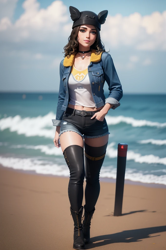 (8k, best quality, masterpiece:1.2), (realistic, photo-realistic:1.37), ultra-detailed, 1 girl,cute, solo, ,beautiful detailed blue eyes, medium wavy hair, standing on a beach, , smiling, looking at viewer, ,light brown hair, black lips, black lipstick, full body view, , whole body shot, red hat, , , nsfw, choker, yellow shirt, denim jacket, black thigh high boots