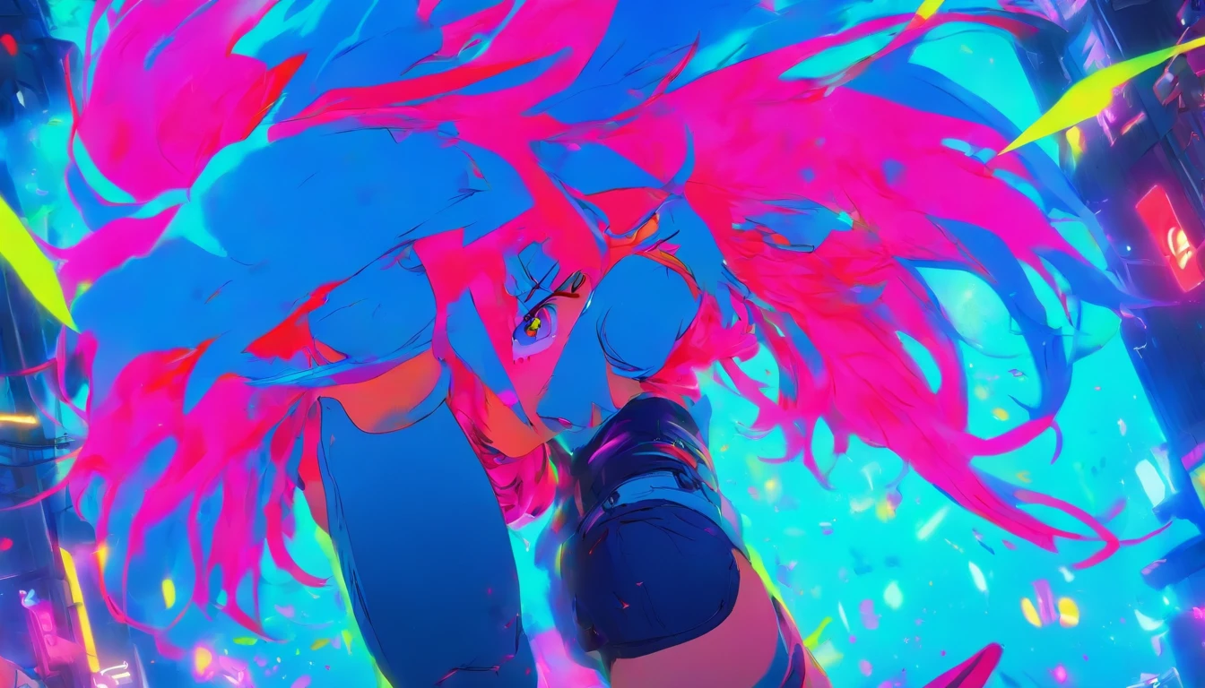 colorful illustration、Anime Girl、cute little、2D beautiful girl,, Neon blue hair, And pink color, wounds, a sticker, Neon style throughout the shot, Cool pose、detaileds、high-level image quality、Delicate painting、Masterpiece