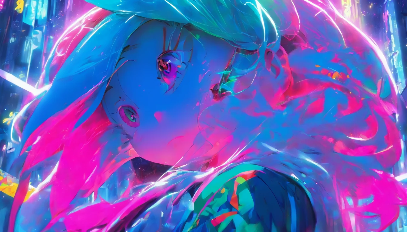 colorful illustration、Anime Girl、cute little、2D beautiful girl,, Neon blue hair, And pink color, wounds, a sticker, Neon style throughout the shot, Cool pose、detaileds、high-level image quality、Delicate painting、Masterpiece
