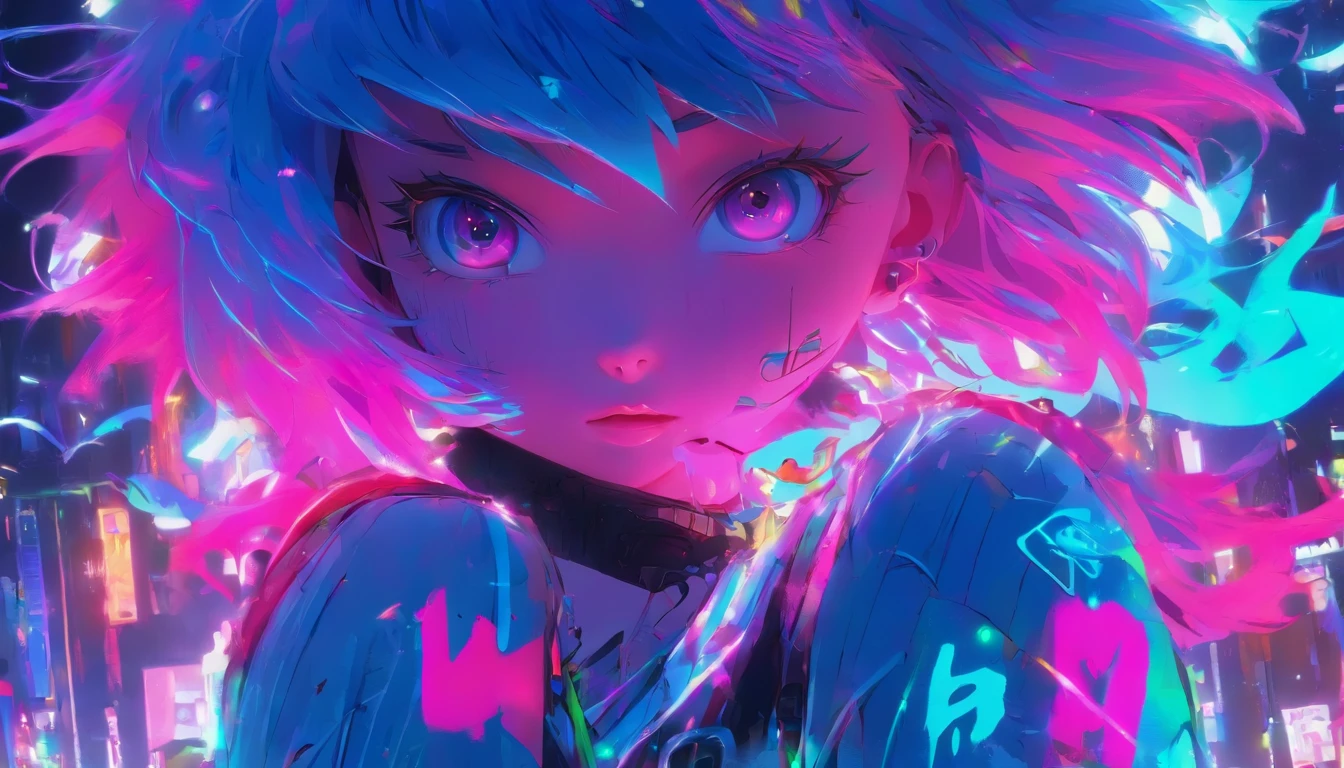 colorful illustration、Anime Girl、cute little、2D beautiful girl,, Neon blue hair, And pink color, wounds, a sticker, Neon style throughout the shot, Cool pose、detaileds、high-level image quality、Delicate painting、Masterpiece