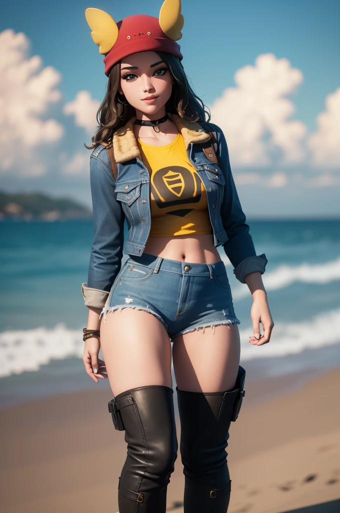 (8k, best quality, masterpiece:1.2), (realistic, photo-realistic:1.37), ultra-detailed, 1 girl,cute, solo, ,beautiful detailed blue eyes, medium wavy hair, standing on a beach, , smiling, looking at viewer, ,light brown hair, black lips, black lipstick, full body view, , whole body shot, red hat, , , nsfw, choker, yellow shirt, denim jacket, black thigh high boots, black panties
