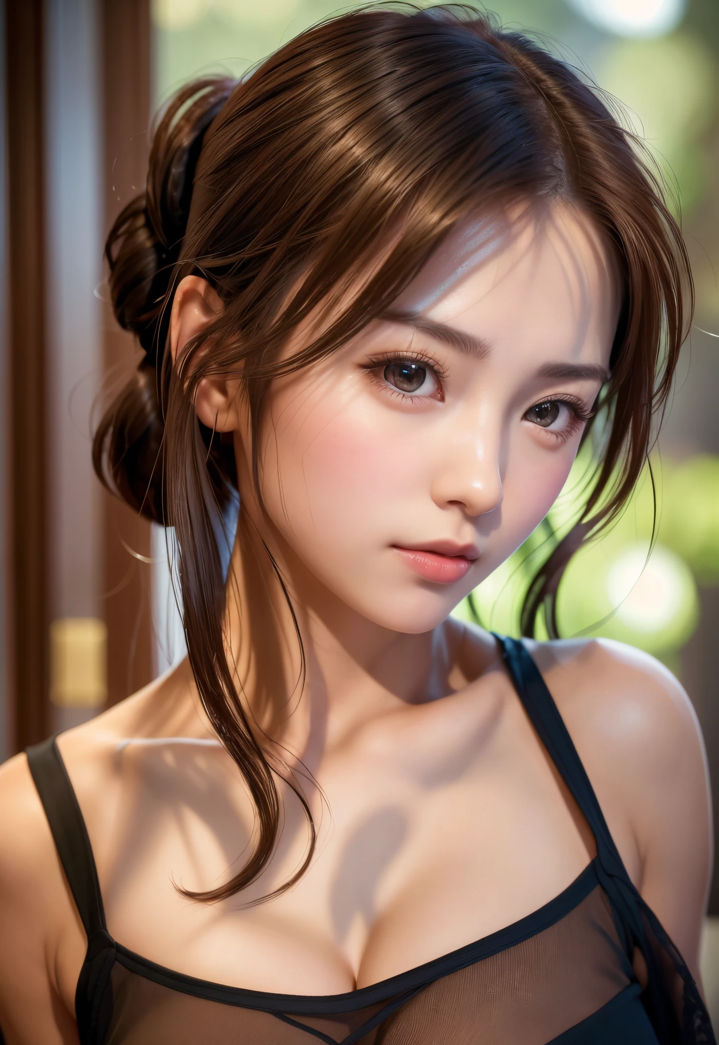 8K, of the highest quality, masutepiece:1.2), (Realistic, Photorealsitic:1.37), of the highest quality, masutepiece, Beautiful young woman, Pensive expression, Gentle eyes, sexy camisole、Hair tied back, Messy mood, Cinematic background,  Light skin tone