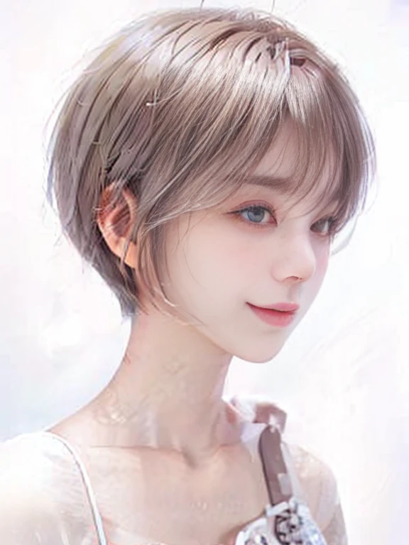 1girl, realistic skin, (short hair: 1.1), very short hair, (photorealistic: 1.1), beautiful woman, unexposed clothes, beauty salon, gray background with light bulb, profile, smile
