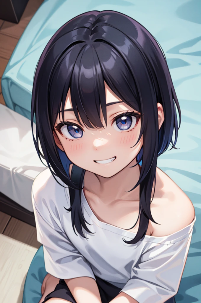 (masterpiece、top-quality、ultra-detailliert、high-resolution illustrations、Ultra-high-definition CG、8k size wallpaper、offcial art、production art)、Skin quality improvement,((close up of face:1.2)),(only face)、((Face Focus:1.5))、((close to viewer:1.5))、(single bear shoulder shirt long:1.2)、(Eyes are blue)、(girl with)、(Very short hair),(Excited eyes),(Gradient Eyes)、(grinning evily:1.3),(Cowboy Shot),(Own room),(sitting reclining)、(View from above:1.3)