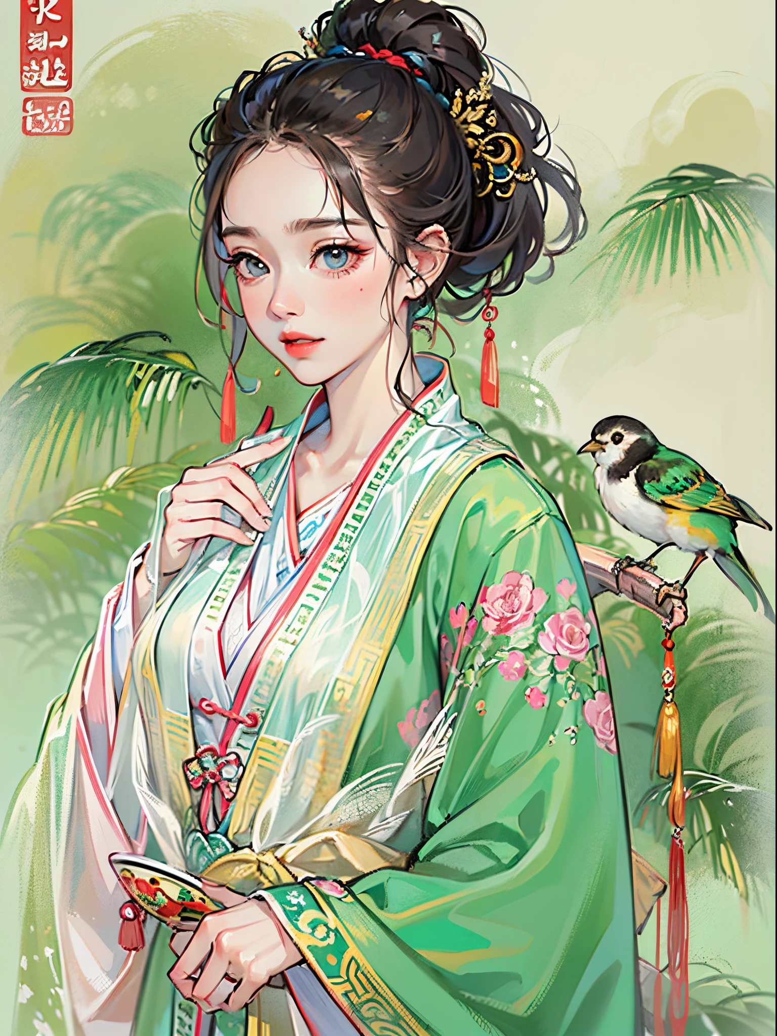 ((Finest quality)),(超A high resolution),(ultra-detailliert),(Meticulous portrayal),((best hanging scroll)),(Finest works of art),Ultra-Precision Art,The art of astounding depiction,Overwhelming descriptive power:1.5, mountain water, (adult  woman:1.5),(chinese style clothing), soft colored birds:1.5