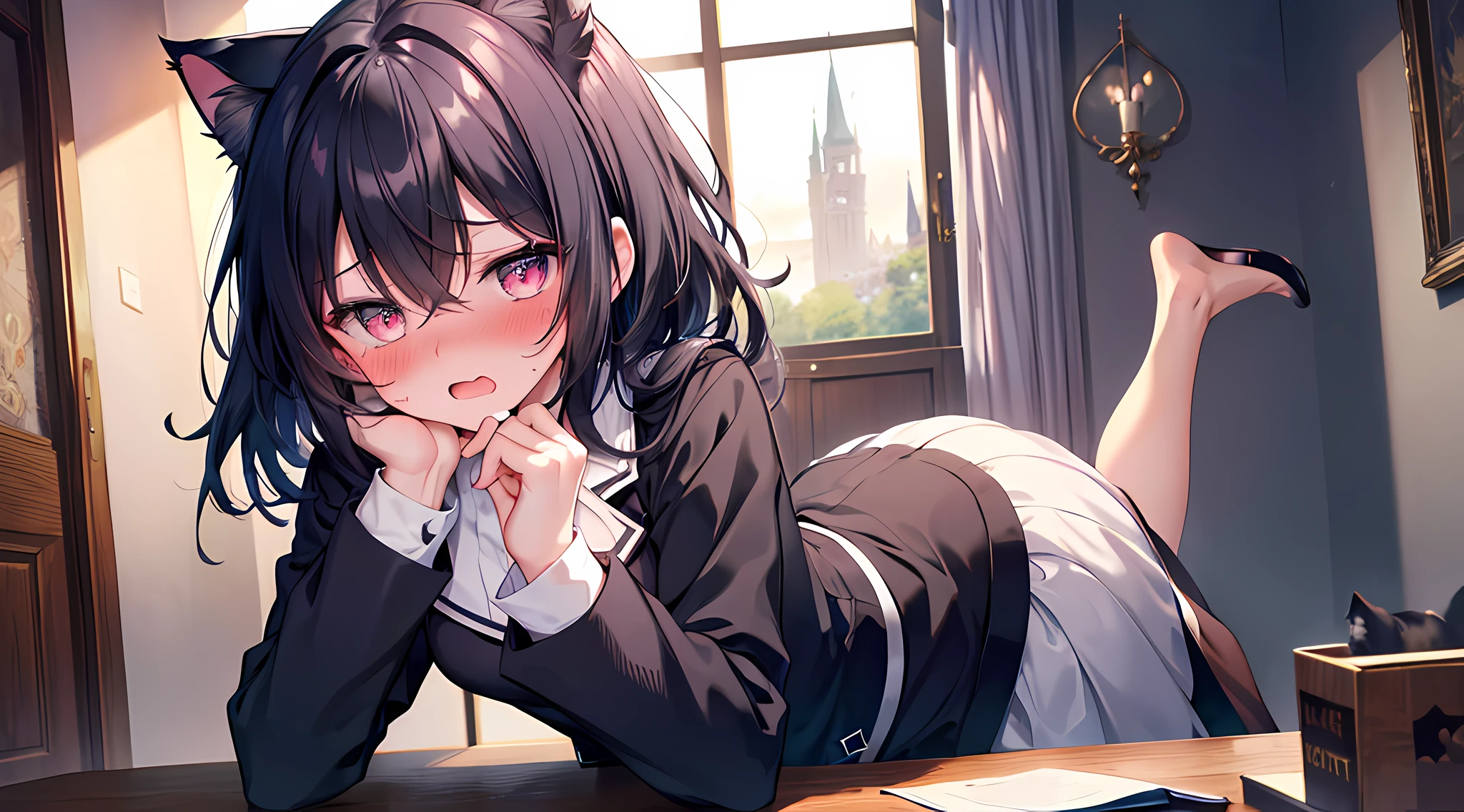 masterpieces, 8k, ultra HD, prim, witch academy uniform, elegant pose, hand, cat eared girl, black hair, messy hair, glare, (blushing: 1.5), open mouth, licking finger, heart eyes, castle, morning time