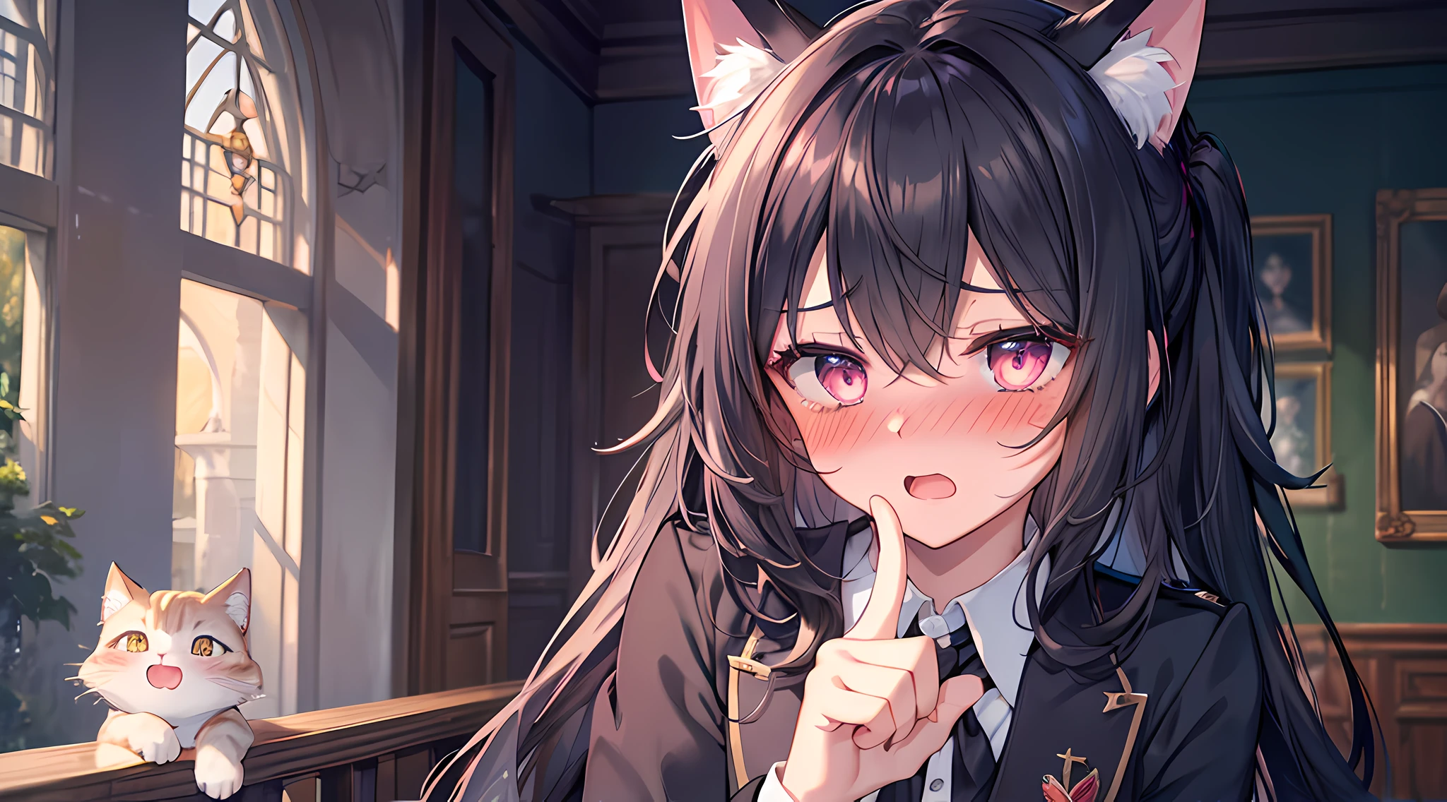 masterpieces, 8k, ultra HD, prim, witch academy uniform, elegant pose, hand, cat eared girl, black hair, messy hair, glare, (blushing: 1.5), open mouth, licking finger, heart eyes, castle, morning time