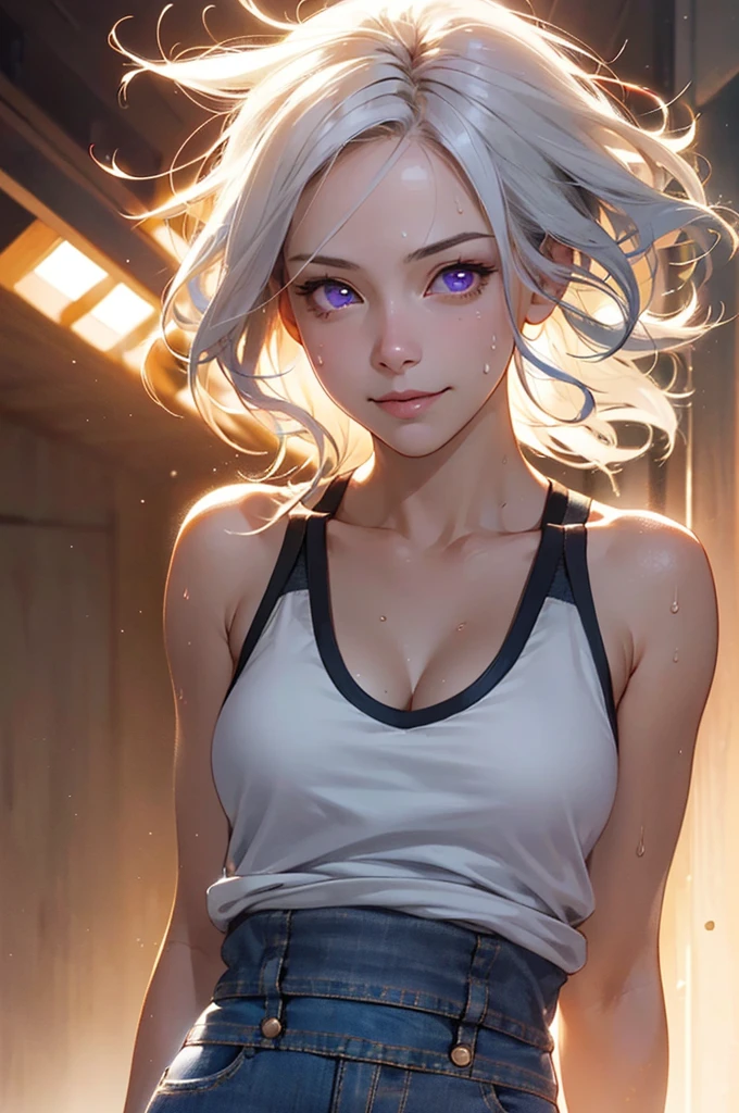 A tender black girl, short white hair on her head, in transparent clothes, a beautiful sexy body, mini panties and a mini bra, against the background of a blurred interior, a sexy pose
