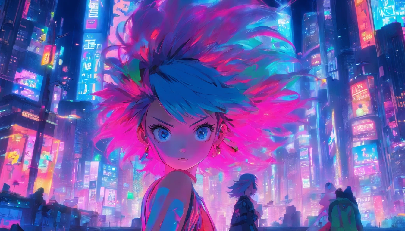colorful illustration、Anime Girl、cute little、2D beautiful girl,, Neon blue hair, And pink color, wounds, a sticker, Neon style throughout the shot, Cool pose、detaileds、high-level image quality、Delicate painting、masutepiece、The big picture and the city