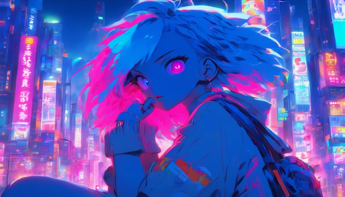 colorful illustration、Anime Girl、cute little、2D beautiful girl,, Neon blue hair, And pink color, wounds, a sticker, Neon style throughout the shot, Cool pose、detaileds、high-level image quality、Delicate painting、masutepiece、The big picture and the city