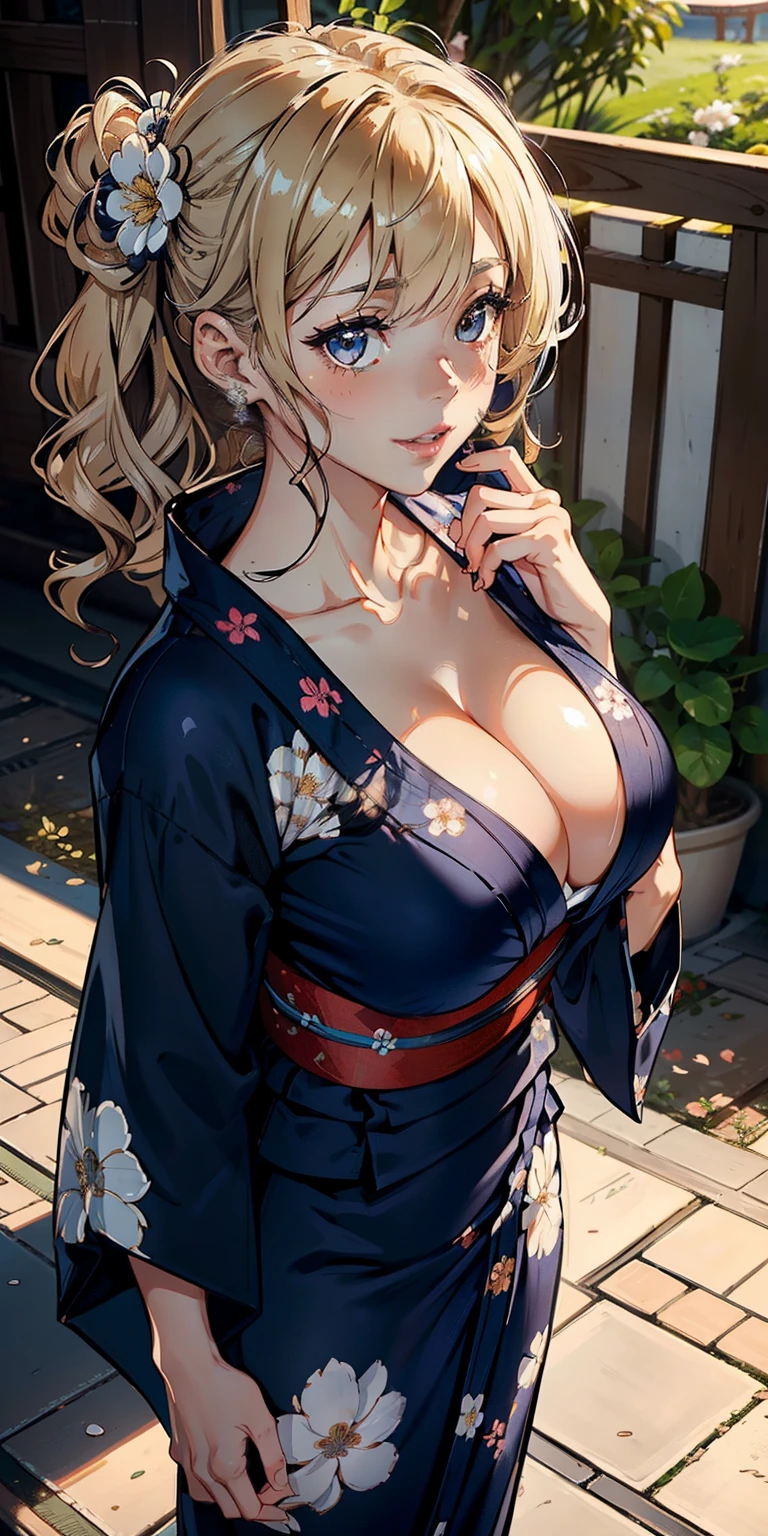 (masutepiece:1.3),white off shoulder yukata(((Emphasis on big breasts and cleavage、)))High resolution,Blonde Short Bob Hair、 ultra-detailliert, the Extremely Detailed CG Unity 8K Wallpapers, Realistic, Photorealsitic, Raw photo, beautifull detailed face, pale skin, realistic glistening skin, Detailed Cloth Texture, detailed hair texture, Perfect body, Beautiful face, acurate, Anatomically correct, Highly detailed face and skin texture, Natural neck length, (Beautiful hands), (Fair skin:1.2), thin legs, Thin feet, (Aligned teeth:1.1), 
BREAK, 
Detailed eyes, symmetrical eye, Light brown eyes, Double eyelids, Thin eyebrows, (Glossy lips:1.4), ((Provocative smile:1.2)), (blush:1.1), (Small hair accessories that sparkle:1.1), 
BREAK, 
(Classy and cute girl:1.3), (Wearing (navy blue yukata:1.2) With a white floral pattern:1.2), 
BREAK, 
medium large breasts, Slender figure, Firm abs, 
((up do hairstyle, Dark blonde hair, Wavy Hair, Long hair, side-swept bangs, stray hair:1.2)), (Close Up Shot:1.2), 
(Look with upturned eyes:1.2), (Focus on Face:1.2), From  above:0.5, 
BREAK, 
Walk through an old Japanese hot spring town