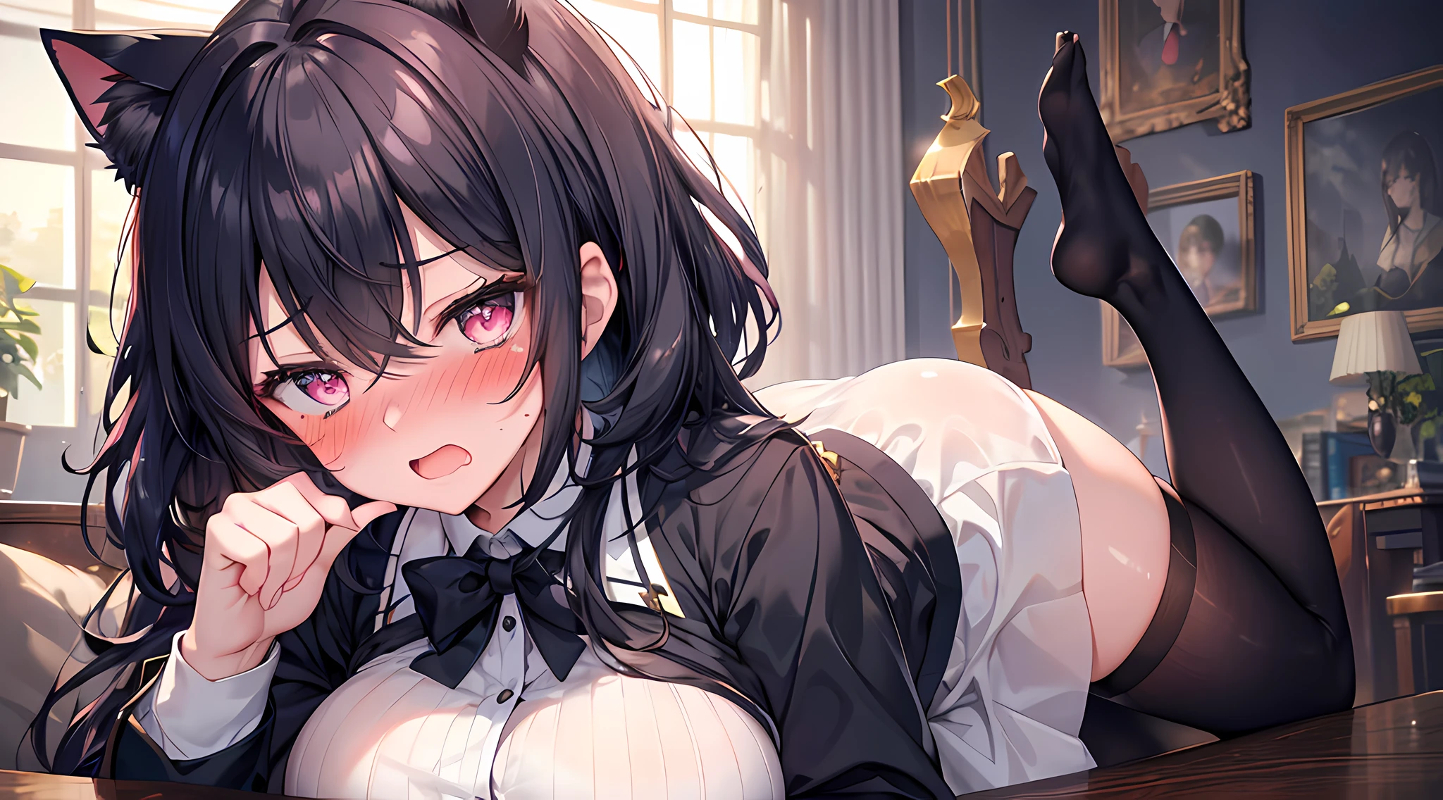 masterpieces, 8k, ultra HD, prim, magic academy uniform, elegant pose, hand, cat eared girl, big breast, black hair, messy hair, glare, (blushing: 1.5), open mouth, licking finger, heart eyes, castle, morning time