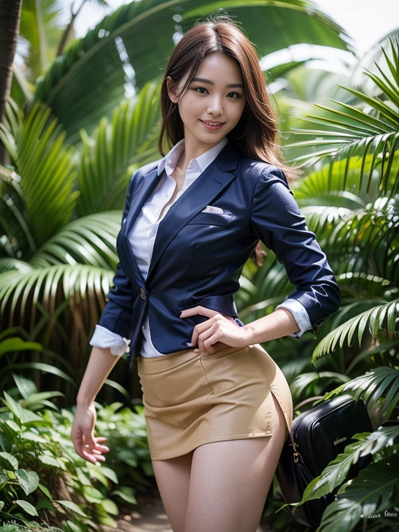 ((top-quality、in 8K、​masterpiece:1.3、Raw photo))、Super high quality photos, In the tropical jungle, ((Wearing a business suit with jacket and skirt)), ((The wind is blowing up my skirt and I can see my panties.)),((Wear a white blouse shirt under the jacket)), ((Perfect beauty 20 year old idol Japan woman)), ((a smile)), ((protruding nipples under the shirt,,)), ((Hair fluttering in the wind)), ((slim figure)), ((Slim legs)), ((slim thigh)), (Photorealistic: 1.4), (Ultra-high detail), (hyper realisitic: 1.4), (Realistic: 1.3), (Smooth lighting: 1.05), Full body, 1girl in, Solo, (Japanese actressl),　20yr old, cinematlic lighting, ((Leaner figure)), Good anatomy, Correct anatomy, In the tropical jungle, ((Perfect beauty 20 year old idol Japan woman)), ((Slim legs)), ((slim thigh)), ,((Perfect beauty)), ((He has a small camping bag in one hand.)), ((Panties are visible through the skirt)), ((a smile)), ((camel's toe)), ((Wearing a business suit with jacket and skirt)), ((The wind is blowing up my skirt and I can see my panties.)),