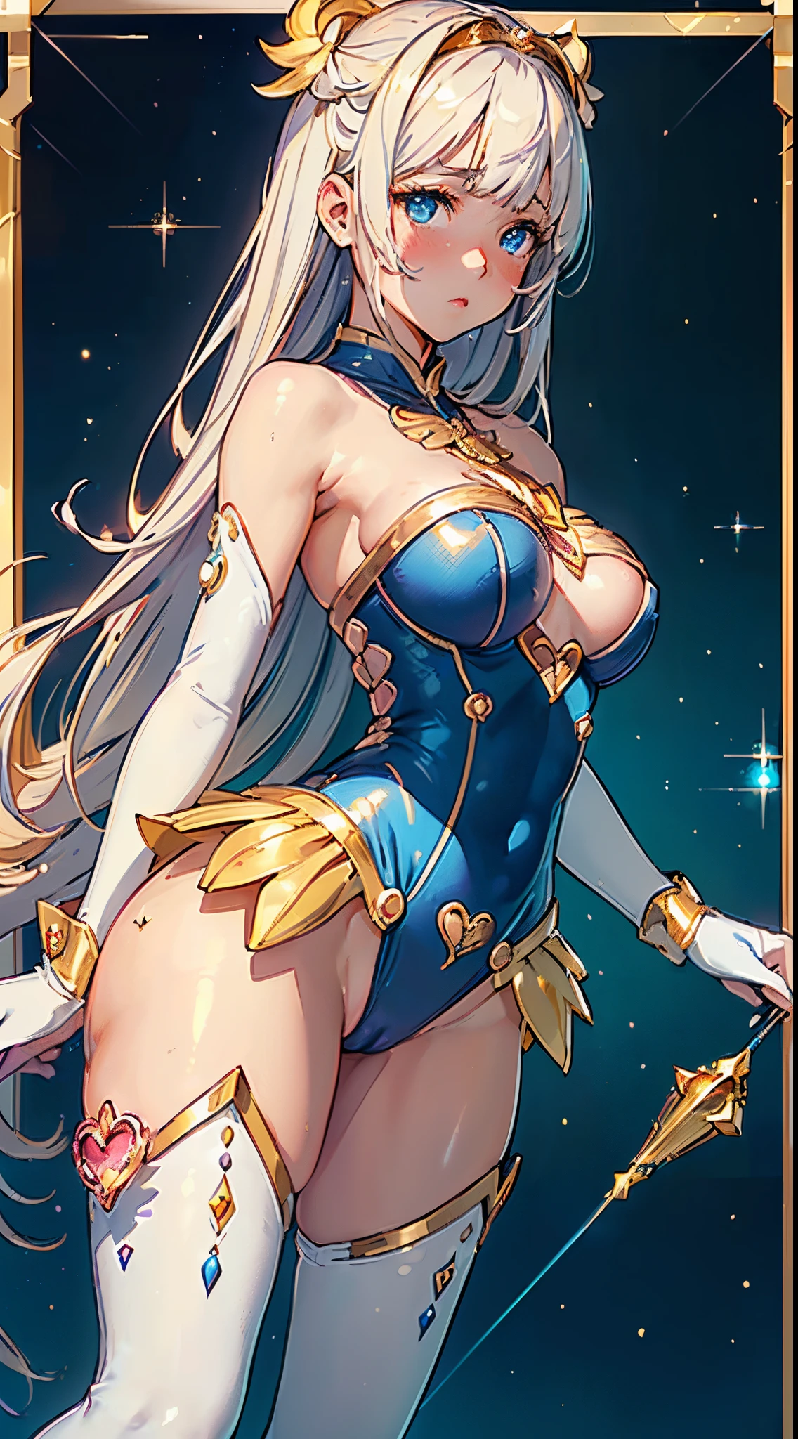 1womanl,Golden head hair,ar old Impatient expression)),Beautiful breasts,(((Sexy magical girl white and blue high-leg bodysuit)))(())(((Blushing cheeks、Surprised look)),((())),((( portlate))),Blue eyes,(((Bangs are aligned)))()Street,Crowds(magical girl hair ornament)