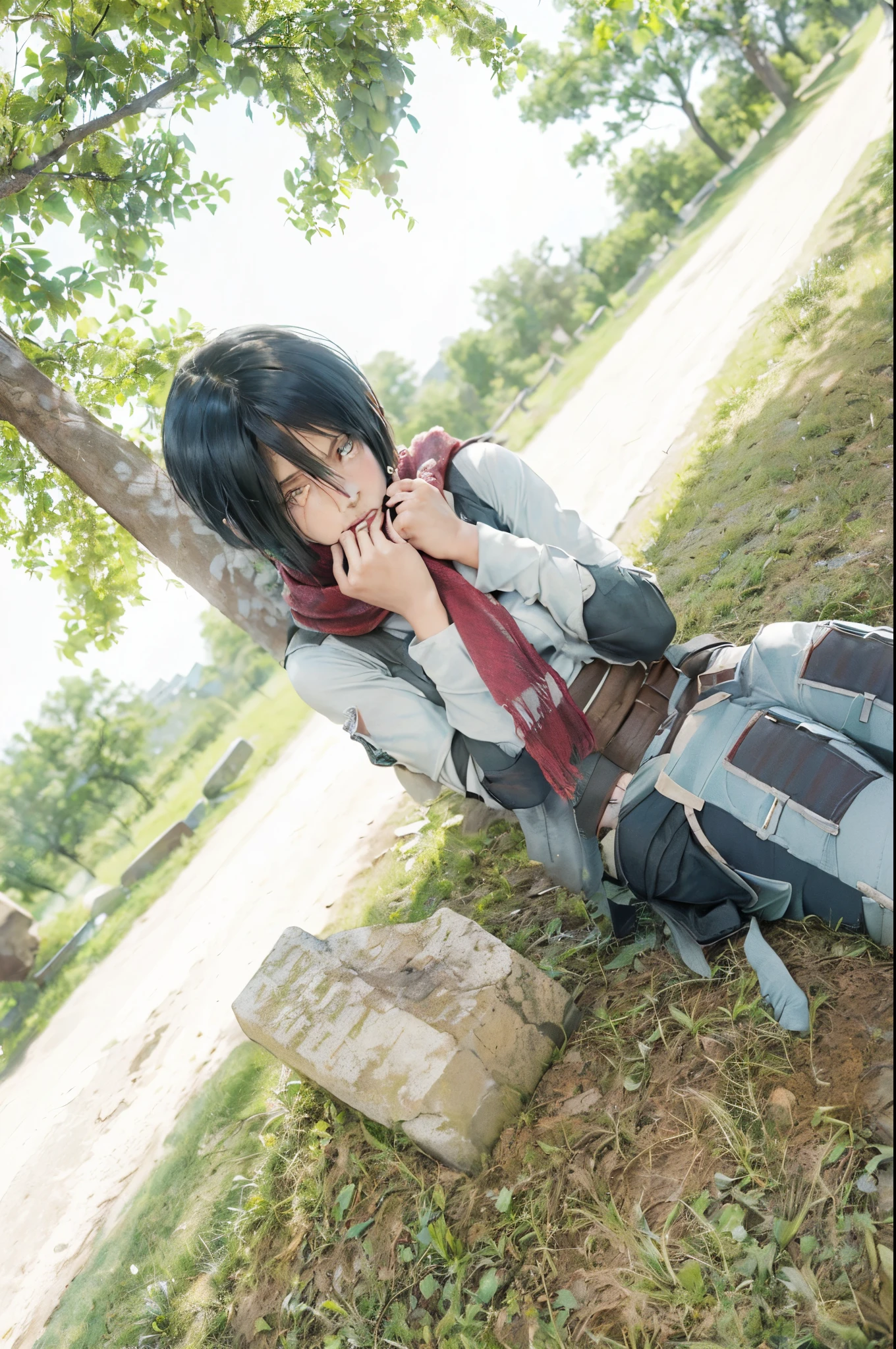 ((Mikasa Ackerman_attack on Titan)),((realistic, photorealistic)), Light reflection, ((HD )), navel, detached sleeves,((upper body)), (((best quality, masterpiece))), ,sad woman, beside the tombstone, holding scarf, holding sleeves, sitting in front of a tree