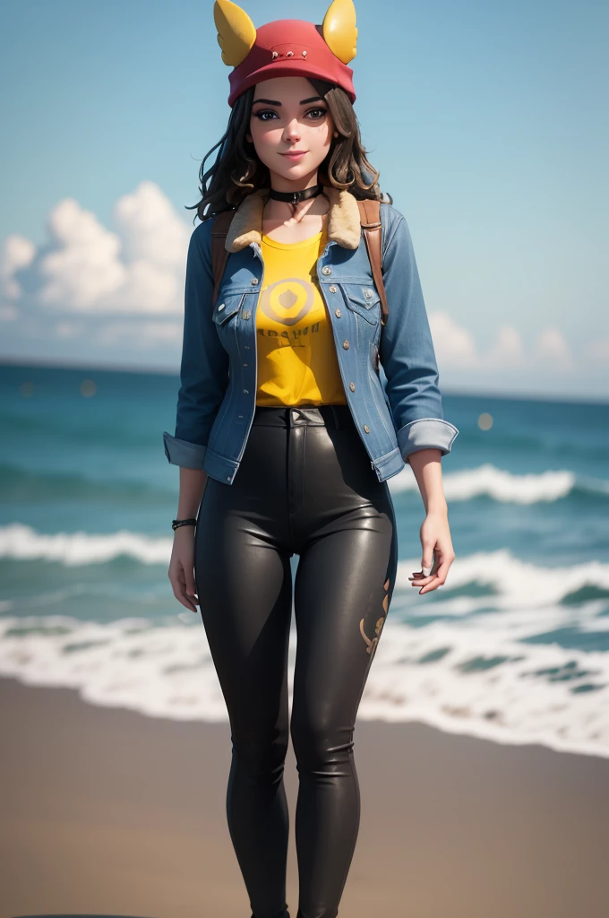 (8k, best quality, masterpiece:1.2), (realistic, photo-realistic:1.37), ultra-detailed, 1 girl,cute, solo, ,beautiful detailed blue eyes, medium wavy hair, standing on a beach, , smiling, looking at viewer, ,light brown hair, black lips, black lipstick, full body view, , whole body shot, red hat, , , nsfw, choker, yellow shirt, denim jacket, dark long leggings