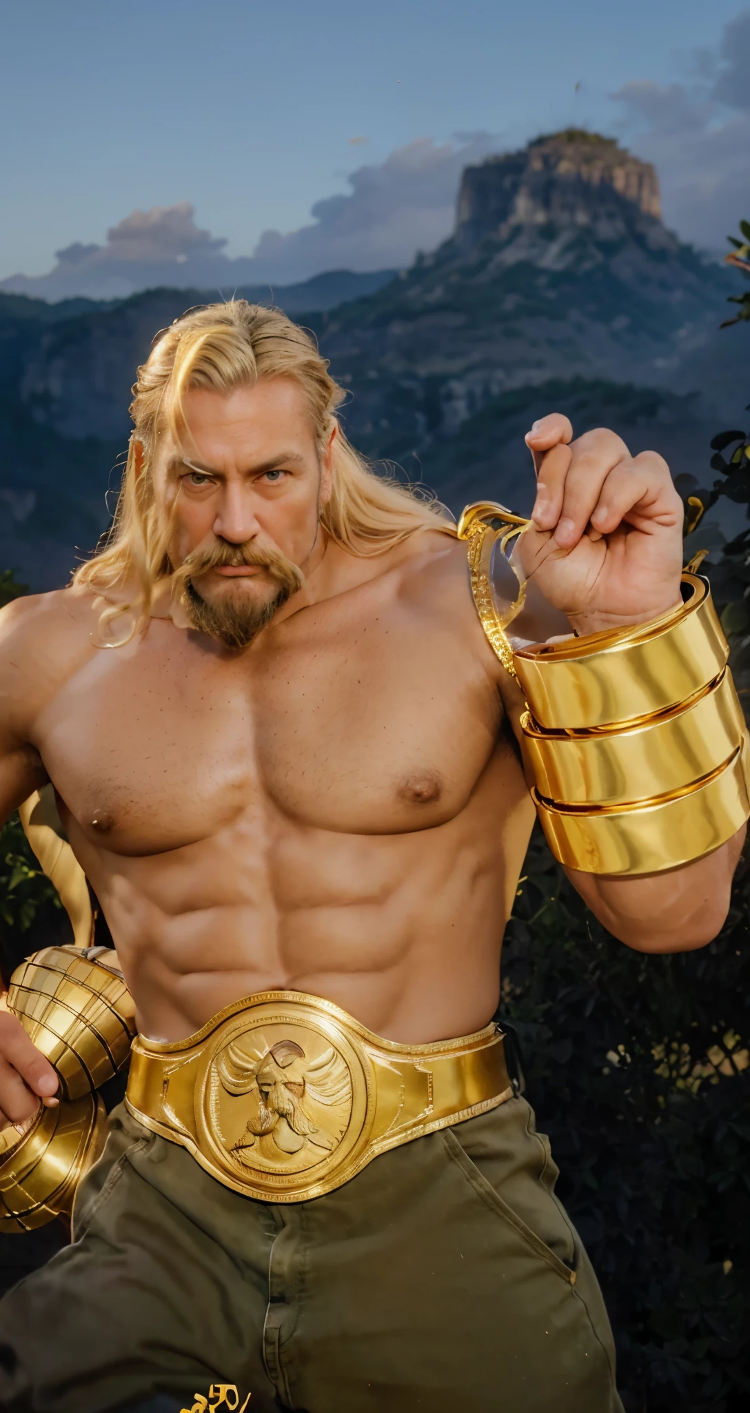 Real life adaption of this character , old man , realistic same hair , (realistic same outfit), realistic background , realistic light, realistic shadow, realism, hyper realistic,(photorealistic:1.2), normal small eyes, muscular man body ,brown skin, realistic The large bracelet is made of gold-colored iron, realistic big belt made of gold colored iron, realistic same blonde moustache and blonde beard