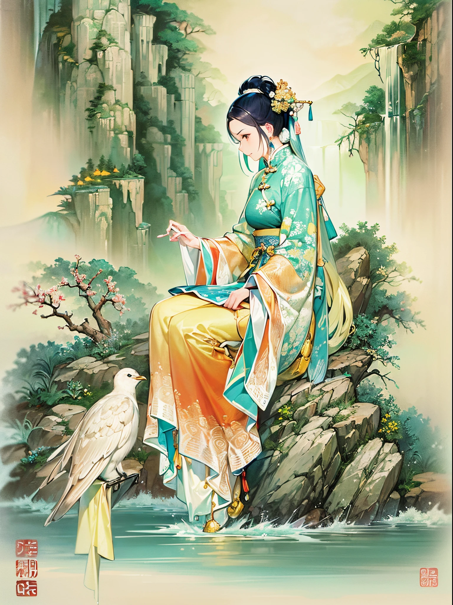 ((Finest quality)),(超A high resolution),(ultra-detailliert),(Meticulous portrayal),((best hanging scroll)),(Finest works of art),Ultra-Precision Art,The art of astounding depiction,Overwhelming descriptive power:1.5, mountain water, (adult  woman:1.5),(chinese style clothing), soft colored birds:1.5