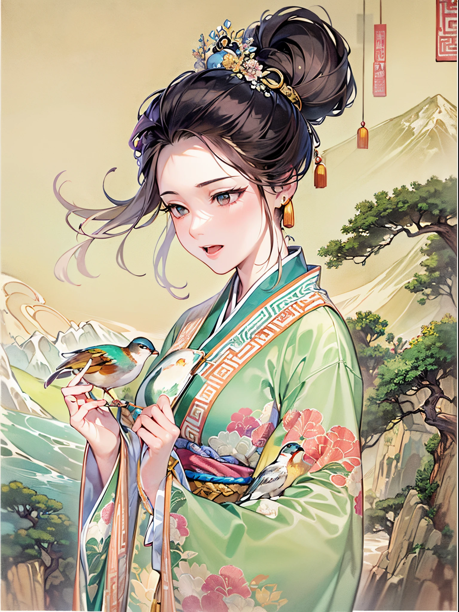 ((Finest quality)),(超A high resolution),(ultra-detailliert),(Meticulous portrayal),((best hanging scroll)),(Finest works of art),Ultra-Precision Art,The art of astounding depiction,Overwhelming descriptive power:1.5, mountain water, (adult woman:1.5),(chinese style clothing), soft colored birds:1.5