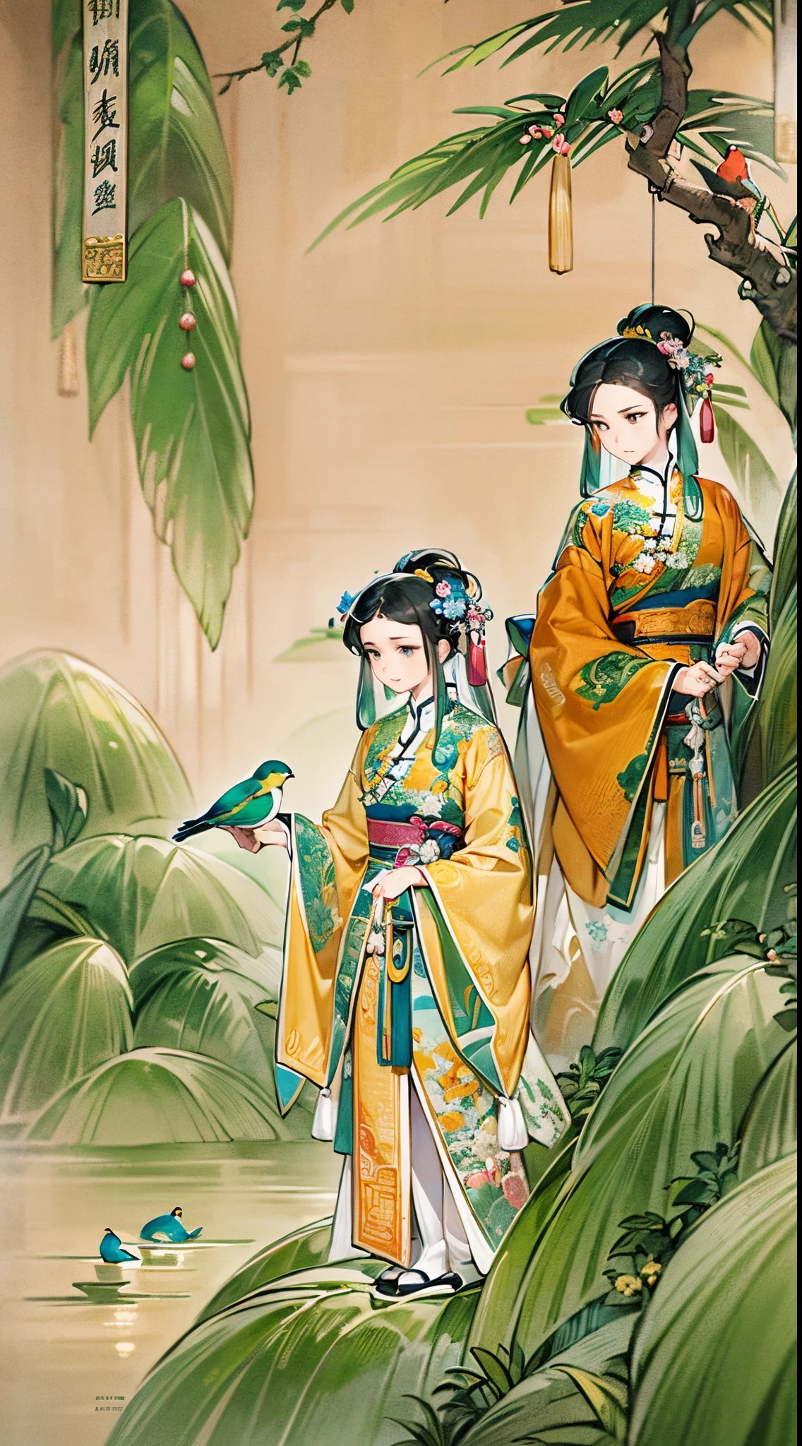 ((Finest quality)),(超A high resolution),(ultra-detailliert),(Meticulous portrayal),((best hanging scroll)),(Finest works of art),Ultra-Precision Art,The art of astounding depiction,Overwhelming descriptive power:1.5, mountain water, (adult  woman:1.5),(chinese style clothing), soft colored birds:1.5